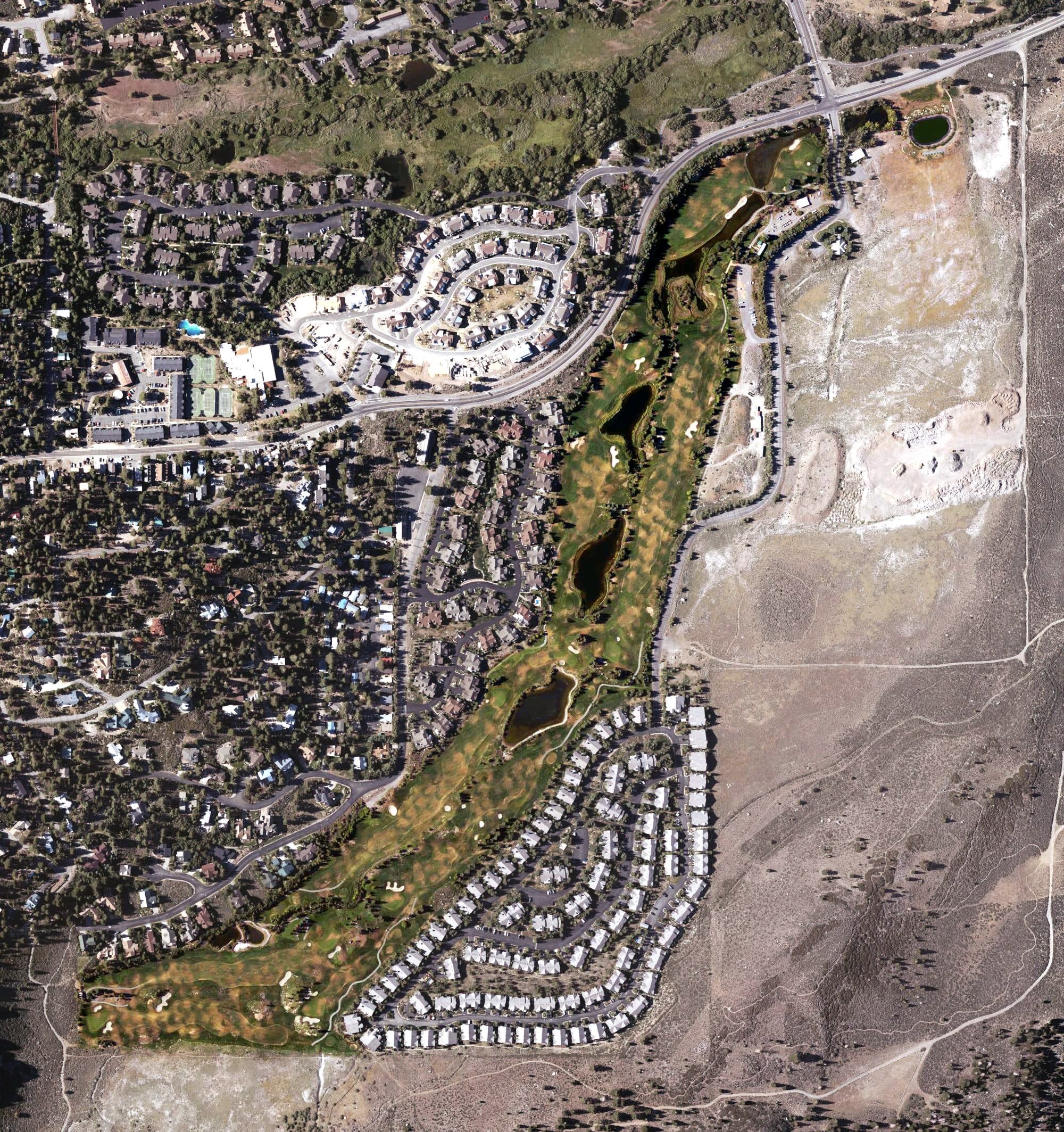 Aerial view of Snowcreek Resort Golf Course, CA, with its hole routing marked