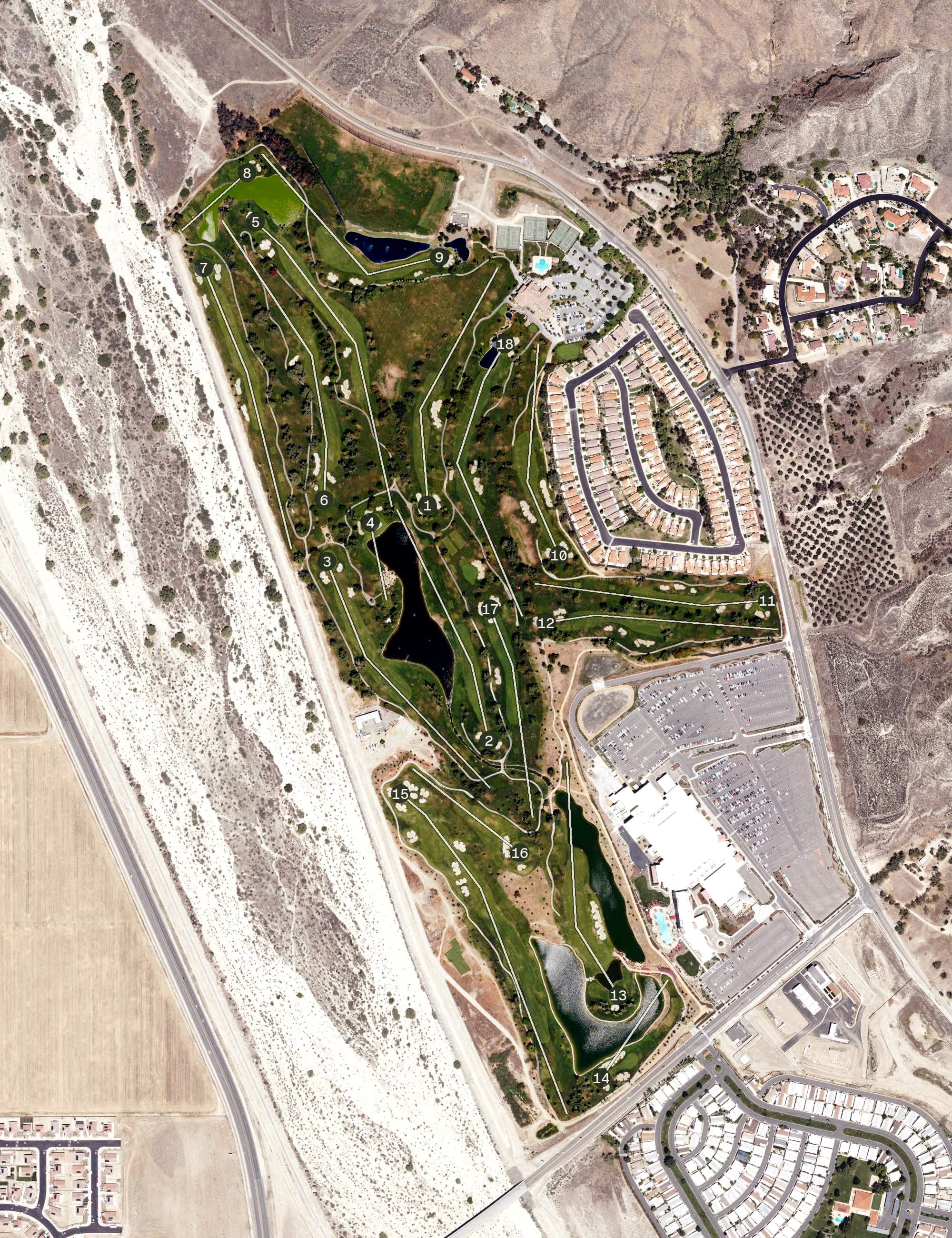 Aerial view of Soboba Springs Golf Course, CA, with its hole routing marked