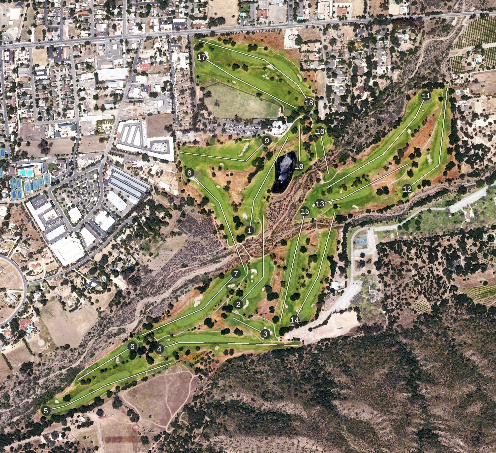 Aerial view of Soule Park Golf Course, CA, with its hole routing marked