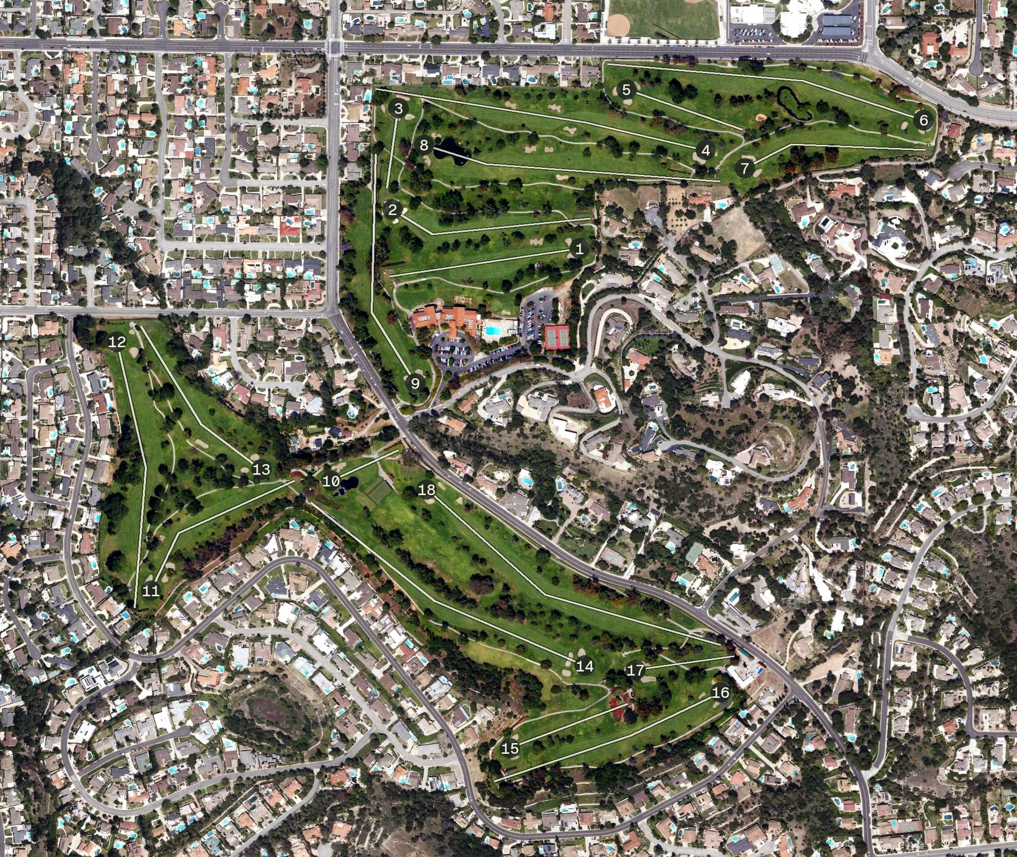Aerial view of South Hills Country Club, CA, with its hole routing marked