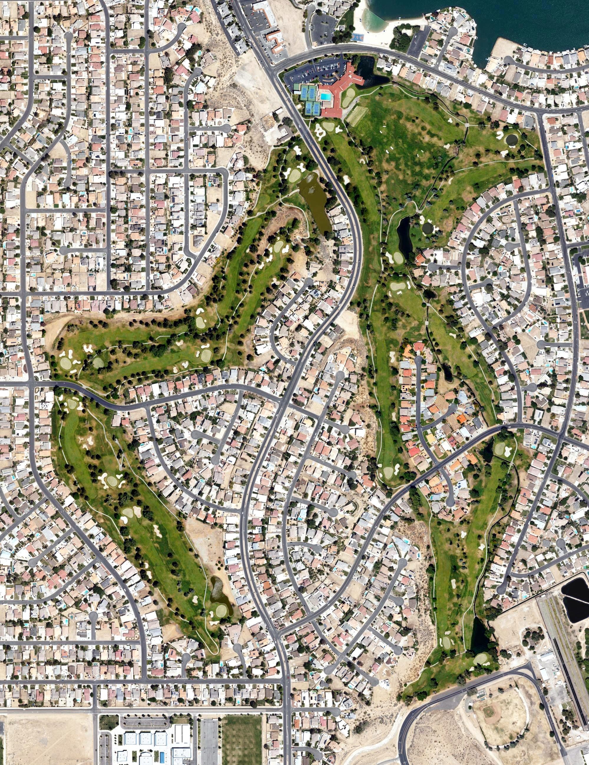 Aerial view of Spring Valley Lake Country Club, CA, with its hole routing marked