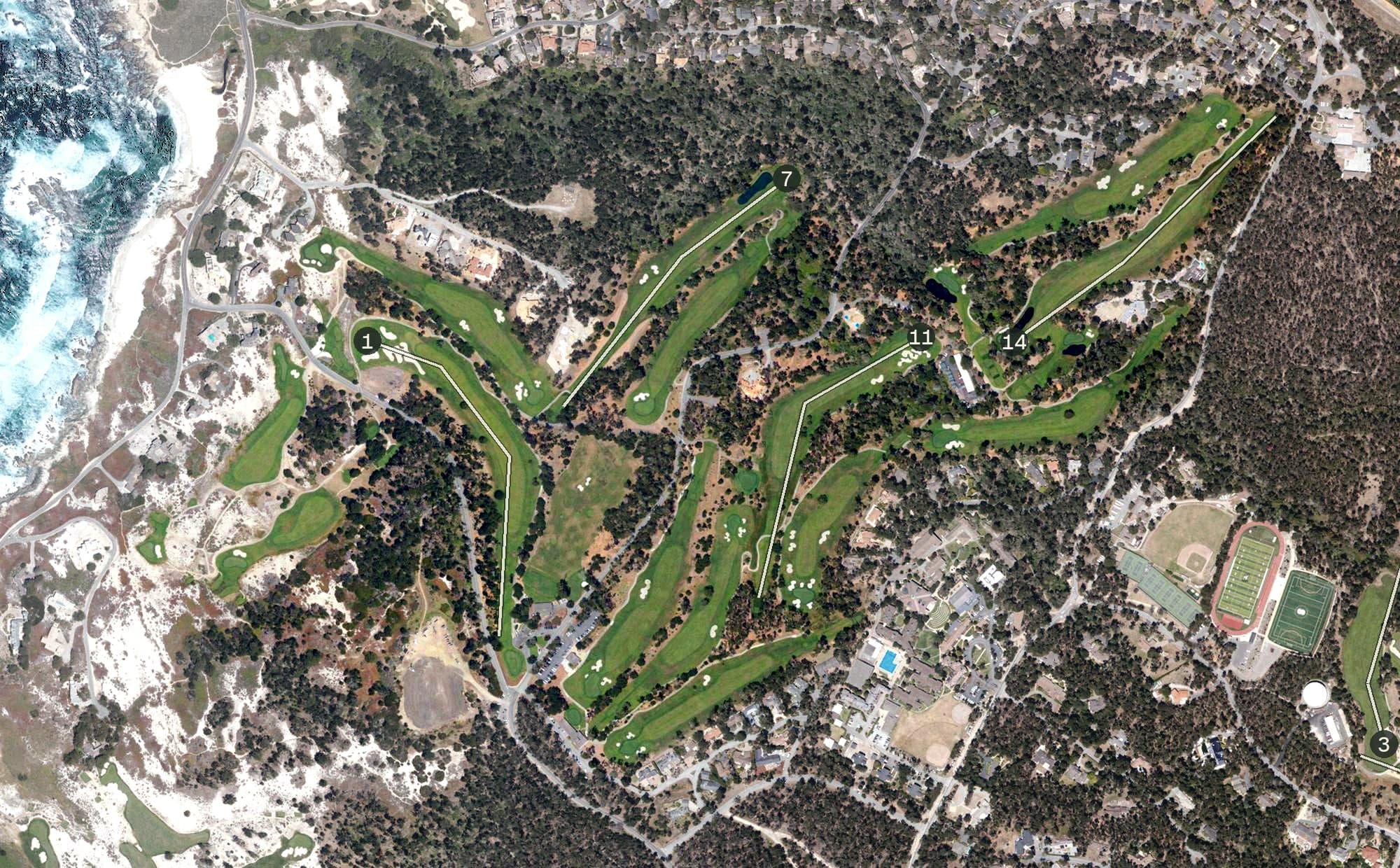 Aerial view of Spyglass Hill Golf Course, CA, with its hole routing marked
