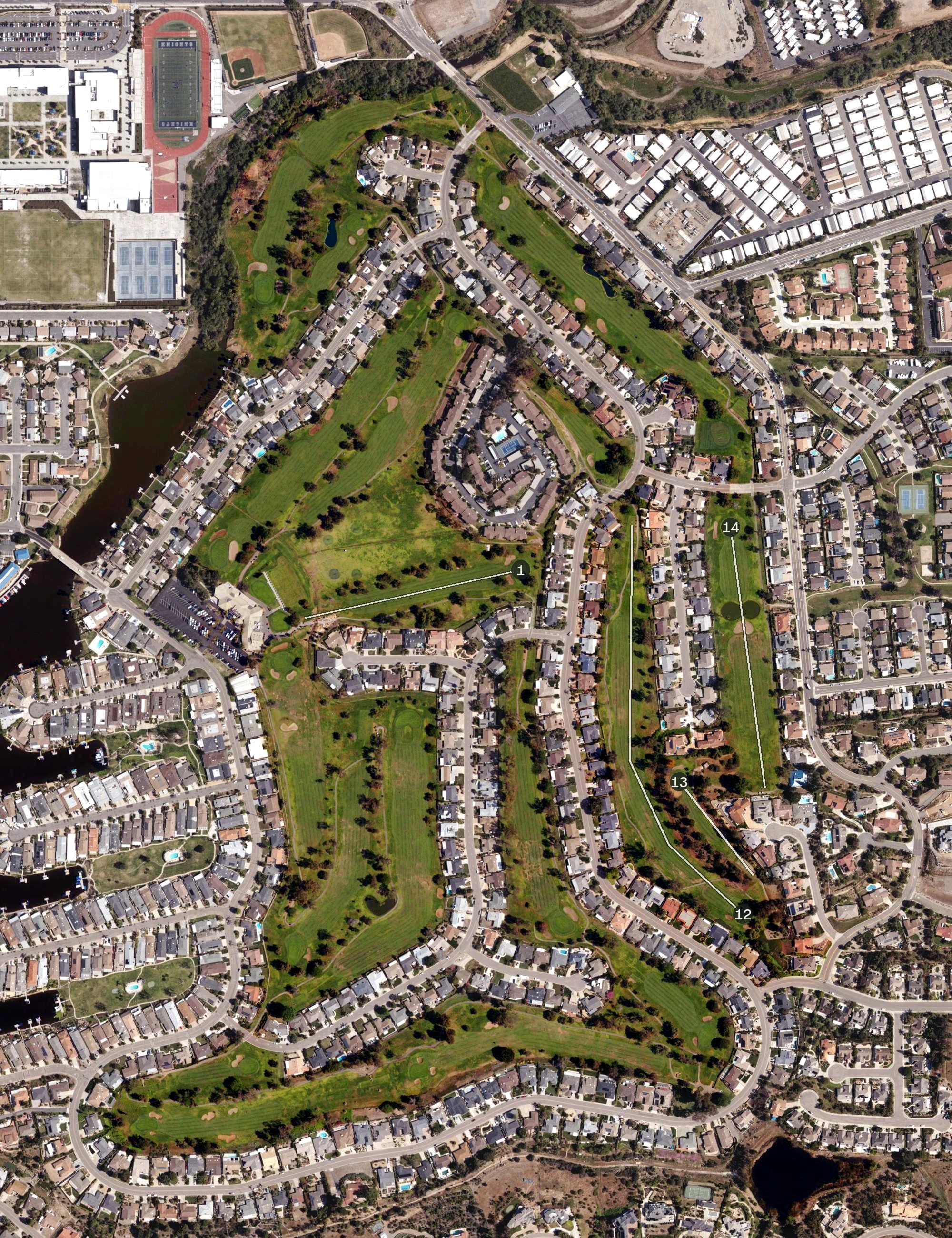 Aerial view of St Marks Golf - Lake San Marcos Country Club, CA, with its hole routing marked