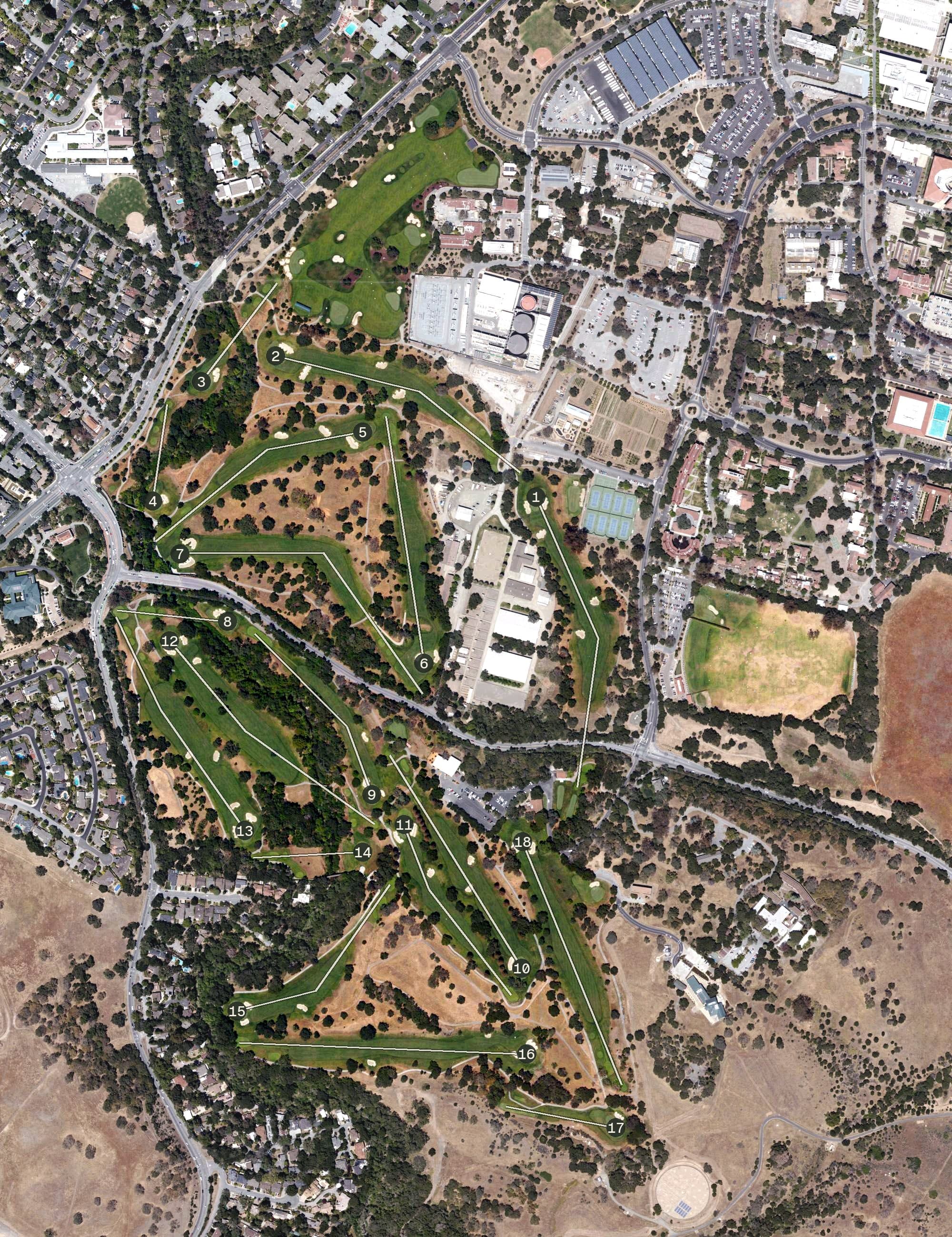 Aerial view of Stanford University Golf Course, CA, with its hole routing marked