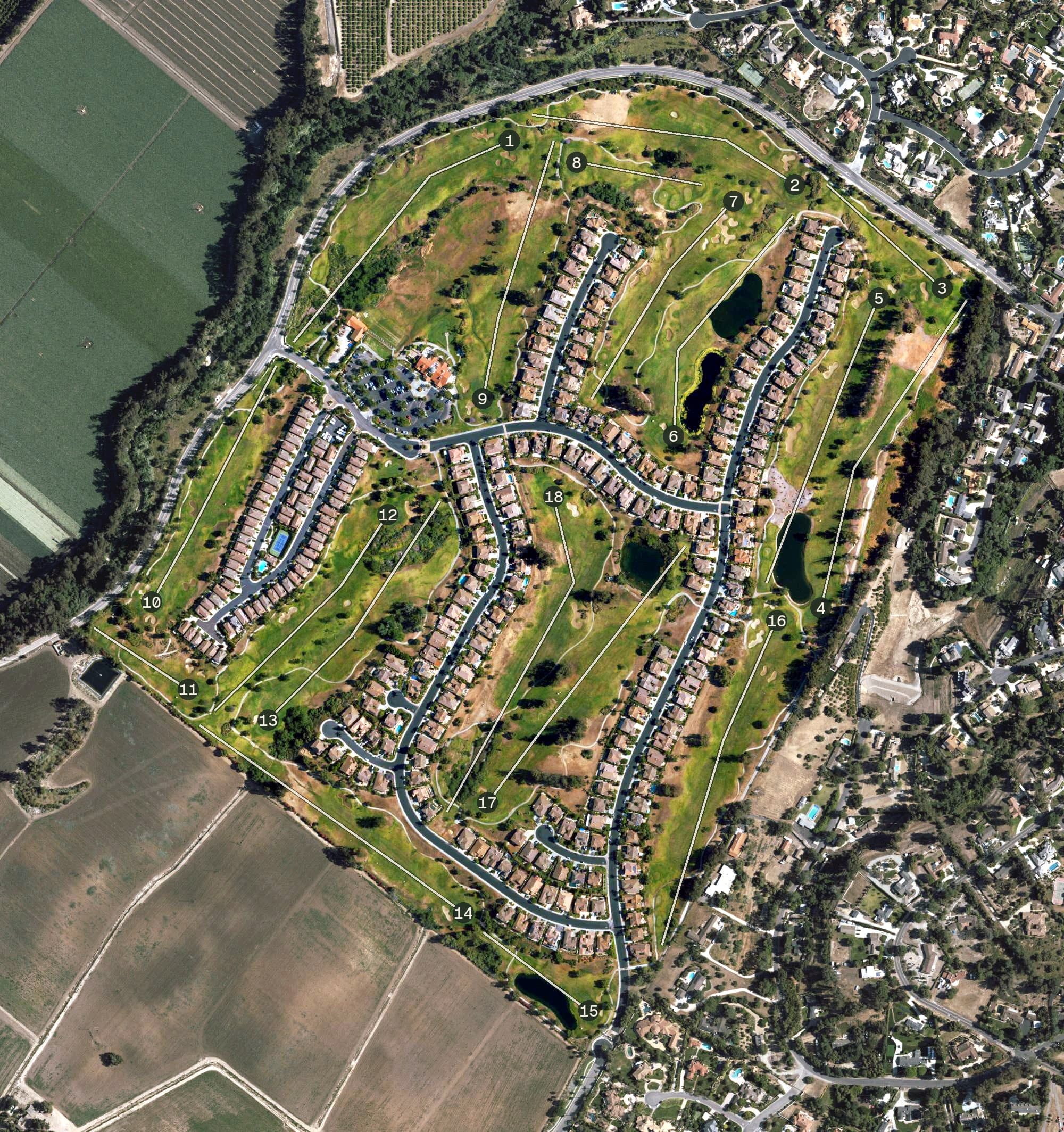 Aerial view of Sterling Hills Golf Club, CA, with its hole routing marked