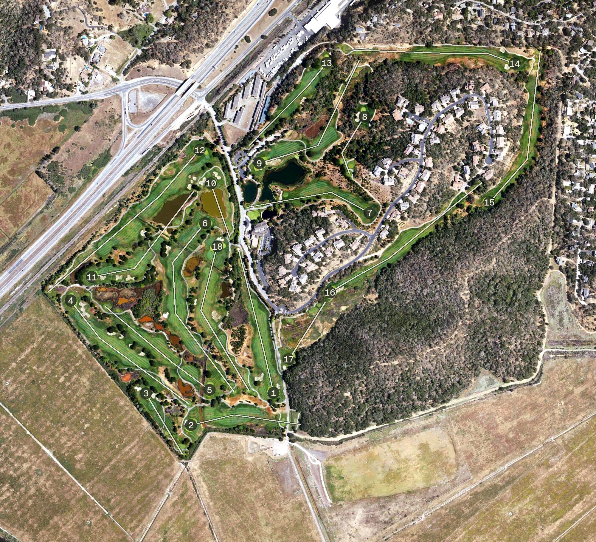 Aerial view of StoneTree Golf Club, CA, with its hole routing marked