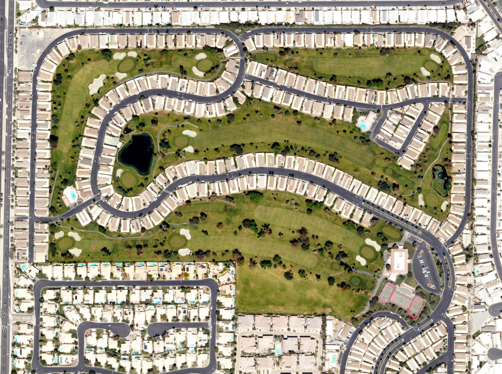 Aerial view of Suncrest County Club, CA, with its hole routing marked