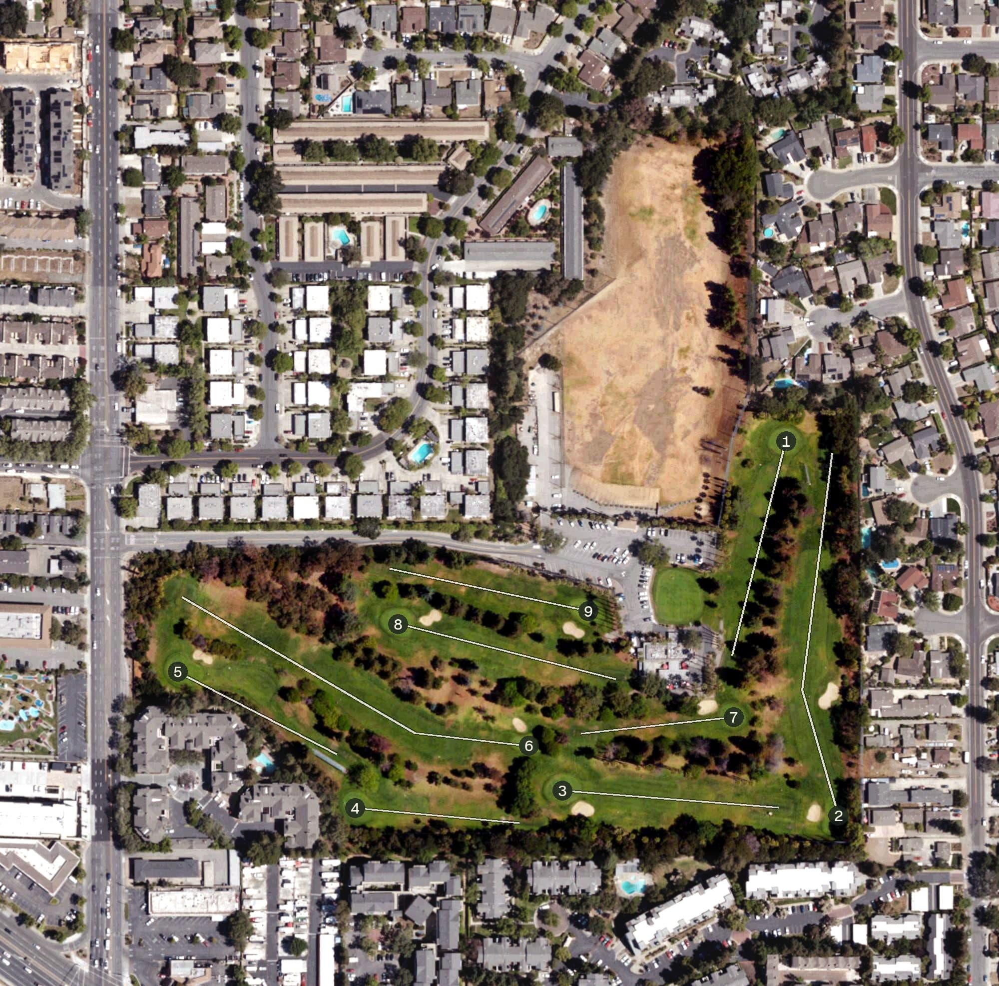 Aerial view of Sunken Gardens Golf Course, CA, with its hole routing marked