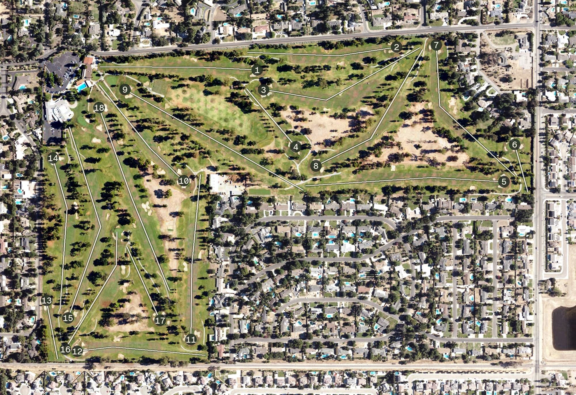 Aerial view of Sunnyside Country Club, CA, with its hole routing marked