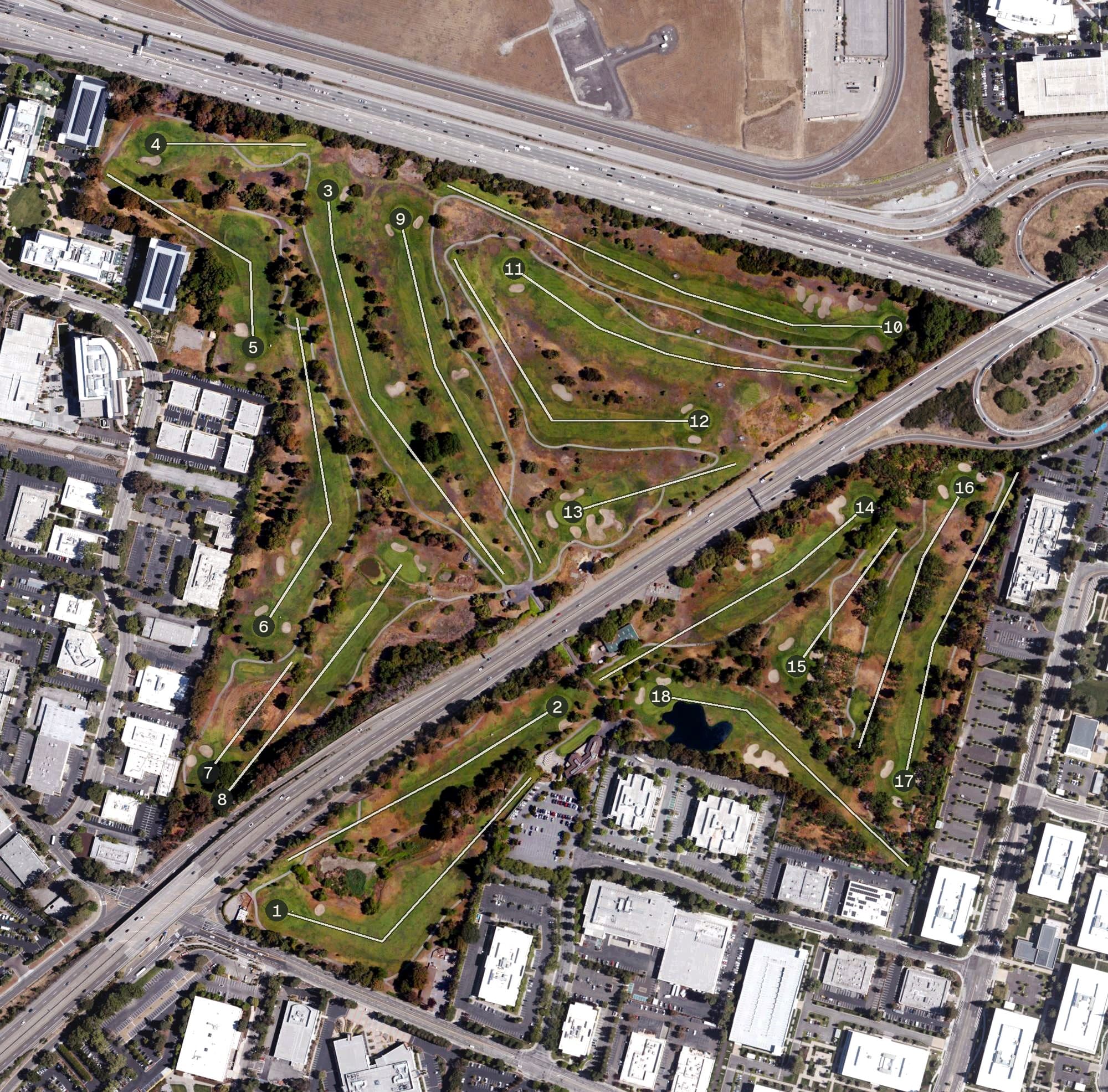 Aerial view of Sunnyvale Golf Course, CA, with its hole routing marked