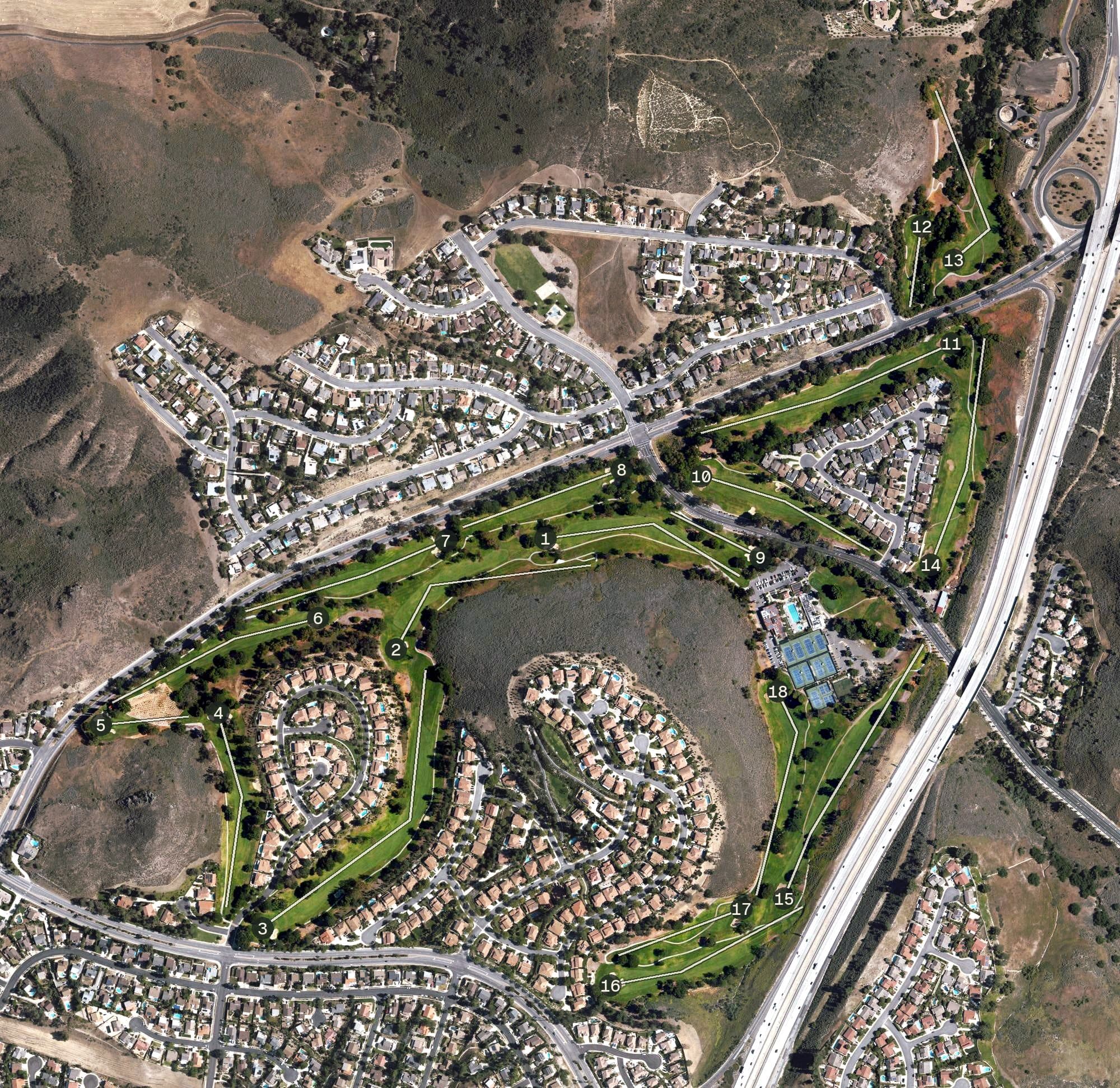 Aerial view of Sunset Hills Country Club, CA, with its hole routing marked