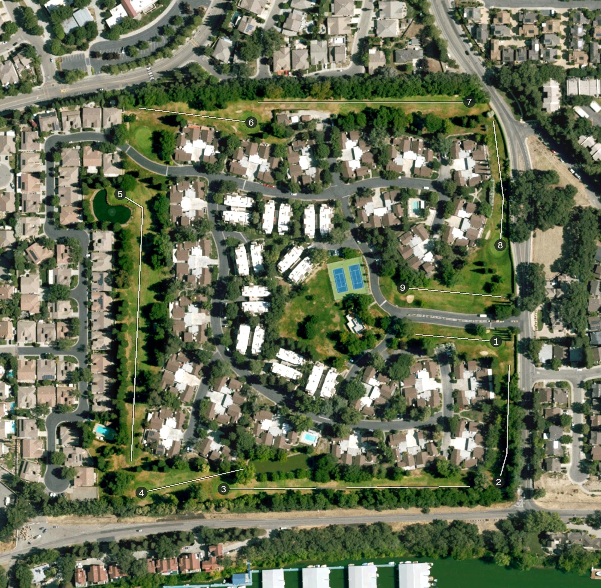 Aerial view of Swallows Nest Country Club, CA, with its hole routing marked