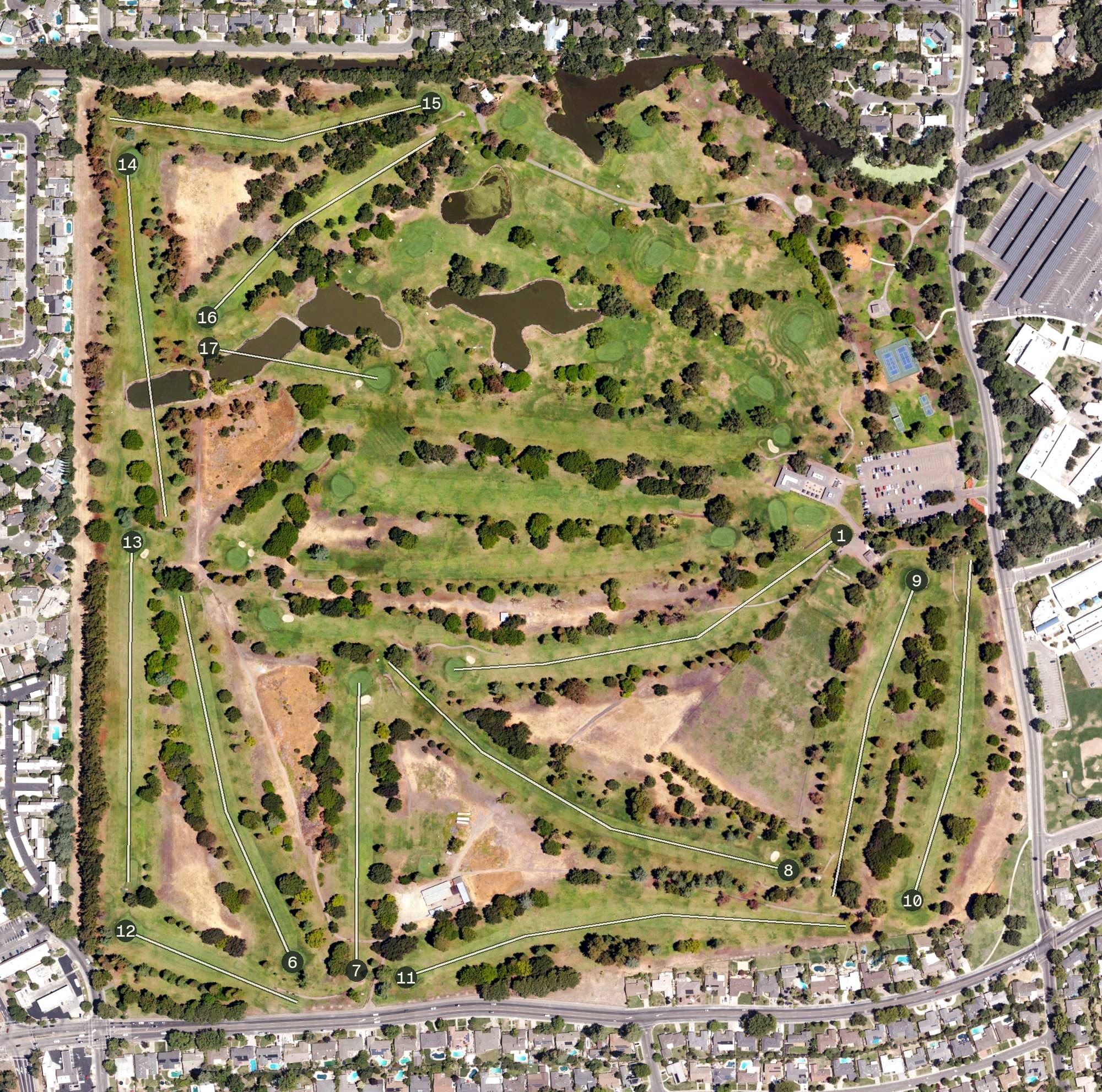 Aerial view of Swenson Park Golf Course, CA, with its hole routing marked