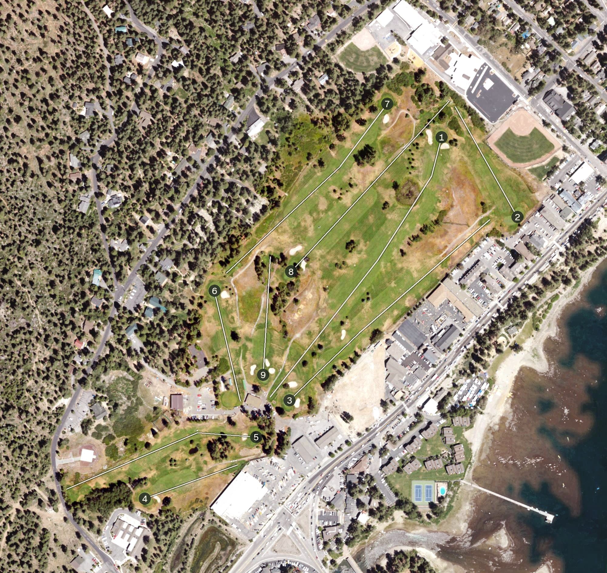 Aerial view of Tahoe City Golf Course, CA, with its hole routing marked