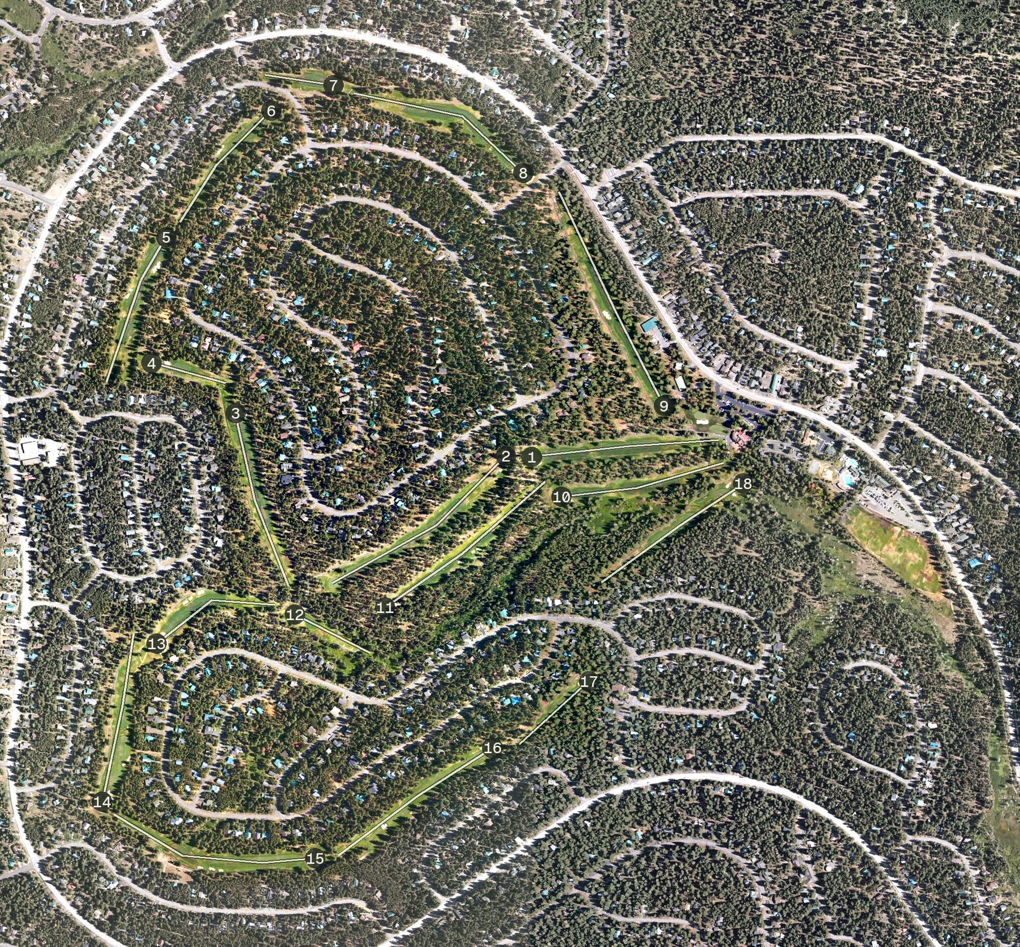 Aerial view of Tahoe Donner Golf Course, CA, with its hole routing marked