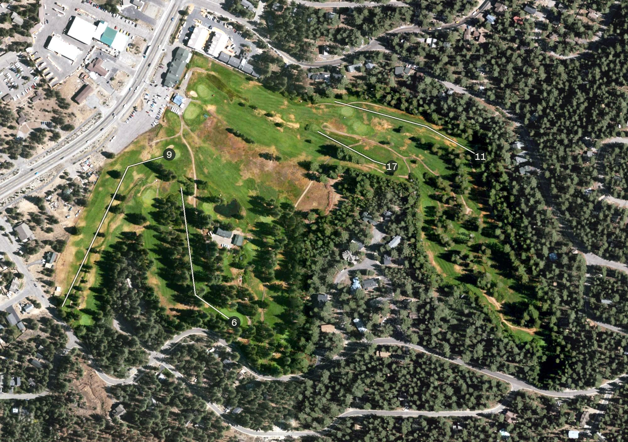 Aerial view of Tahoe Paradise Golf Course, CA, with its hole routing marked