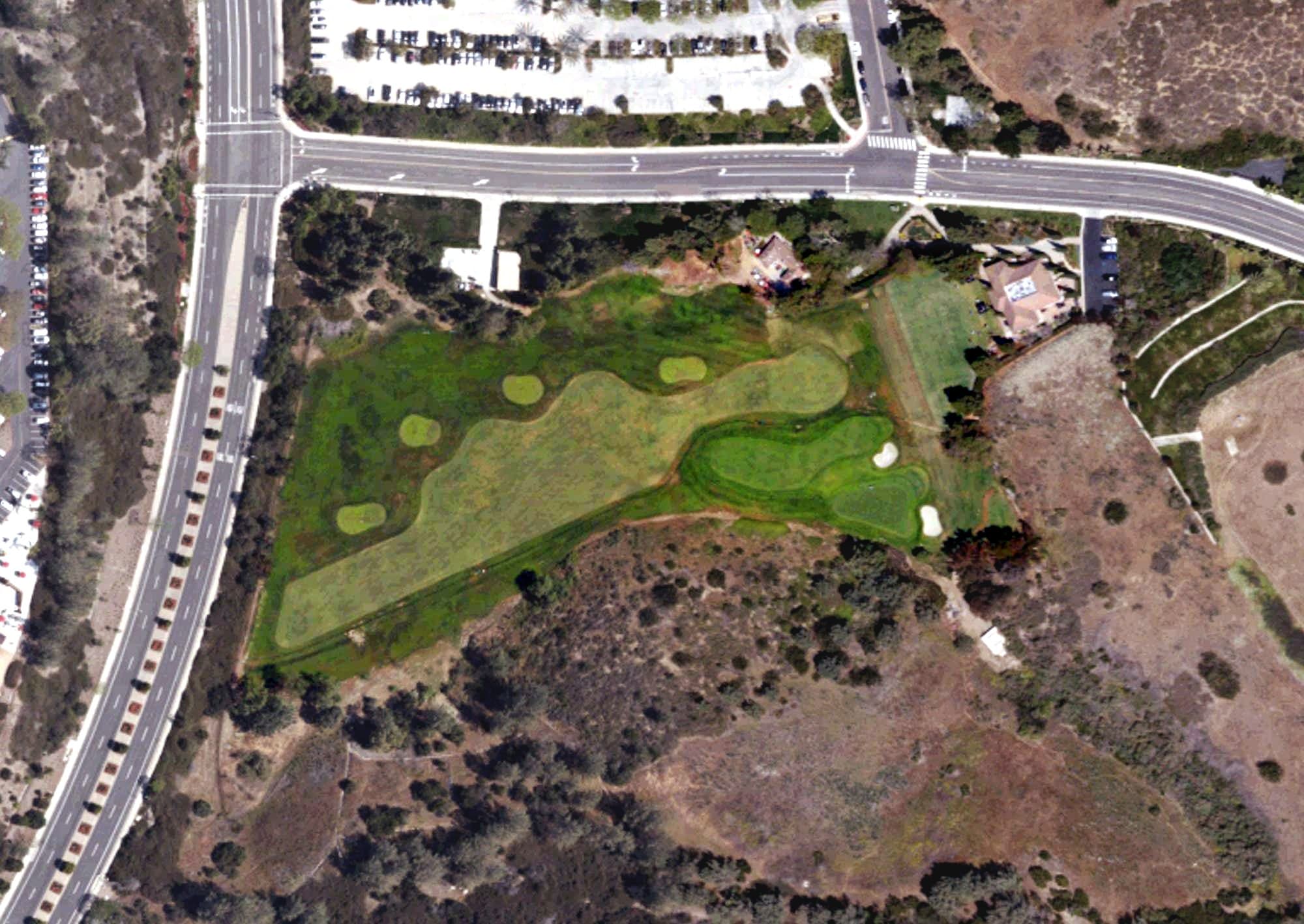 Aerial view of Taylormade "The Kingdom" Test Course, CA, with its hole routing marked