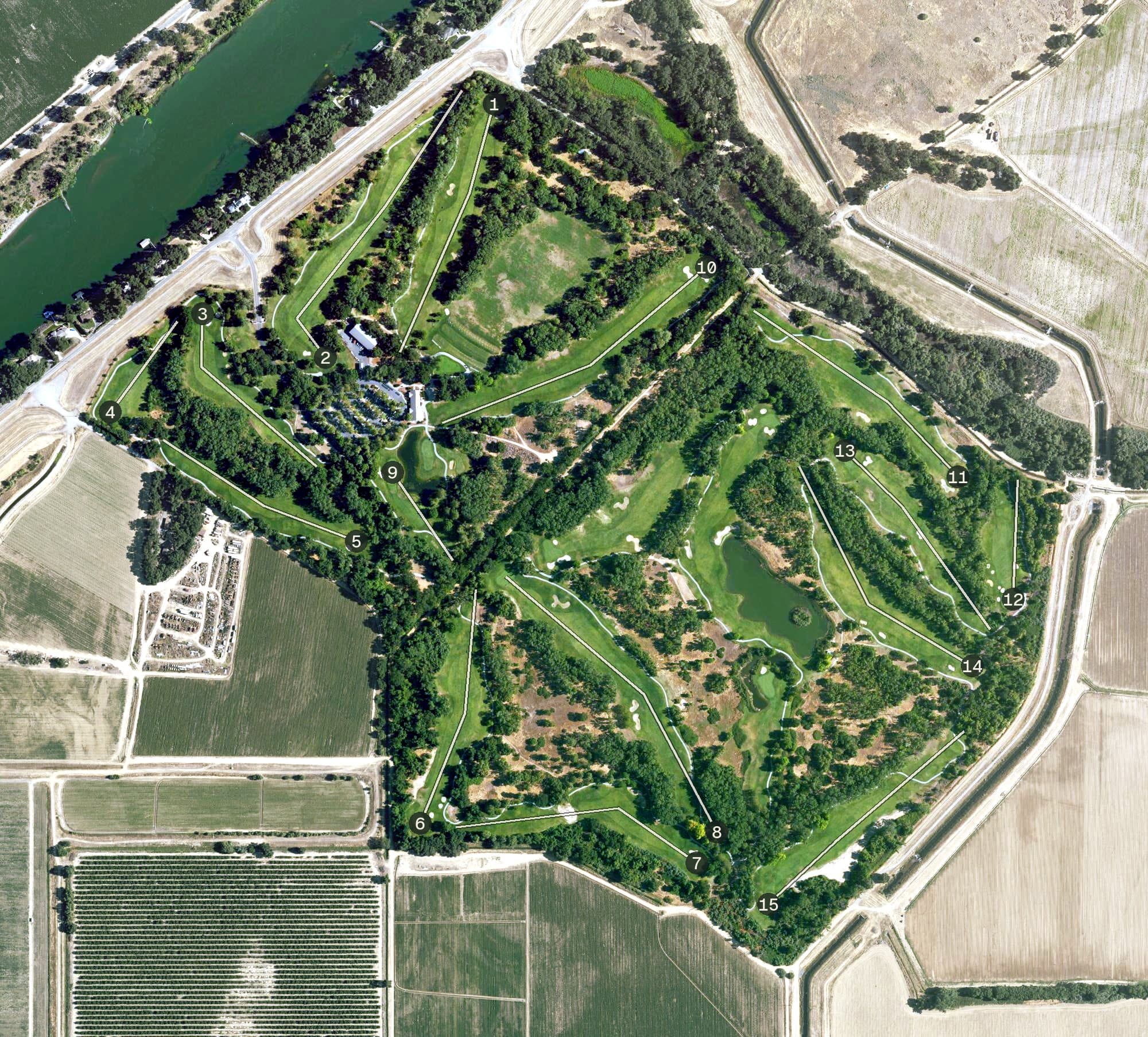 Aerial view of Teal Bend Golf Course, CA, with its hole routing marked