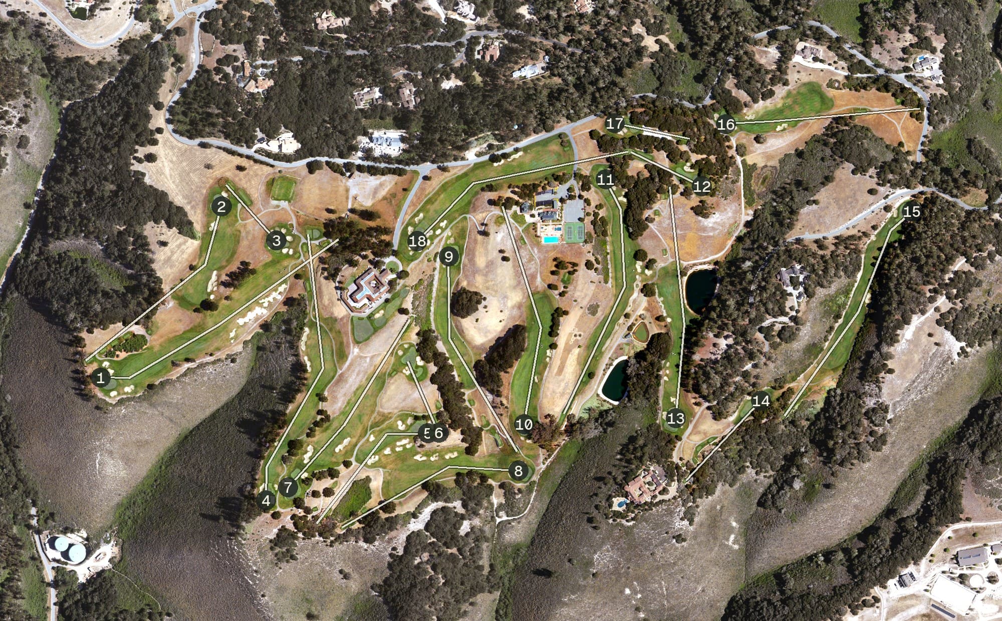 Aerial view of Tehama Golf Club, CA, with its hole routing marked