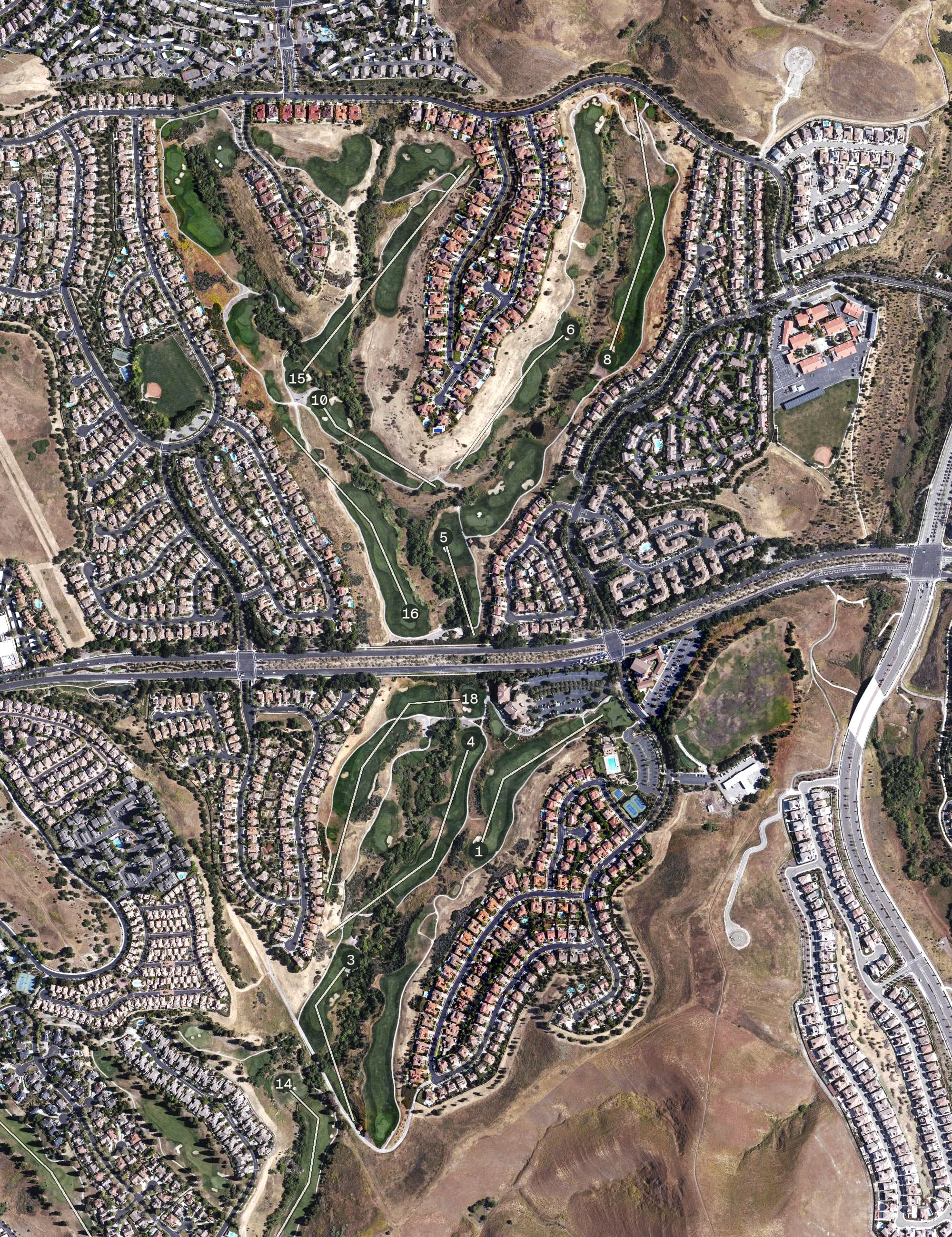 Aerial view of The Bridges Golf Club, CA, with its hole routing marked