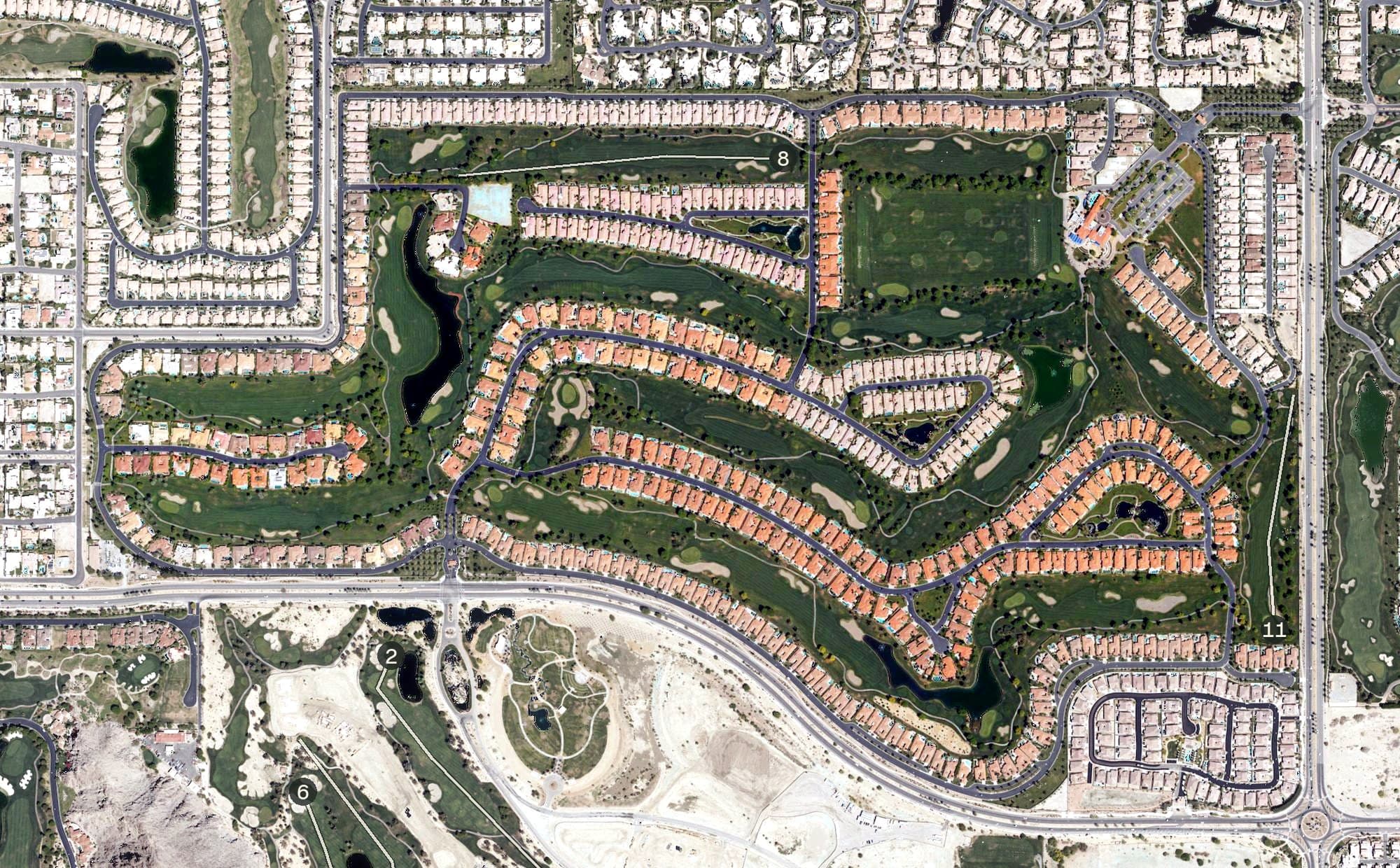 Aerial view of The Citrus Club at La Quinta Resort - Citrus Course, CA, with its hole routing marked