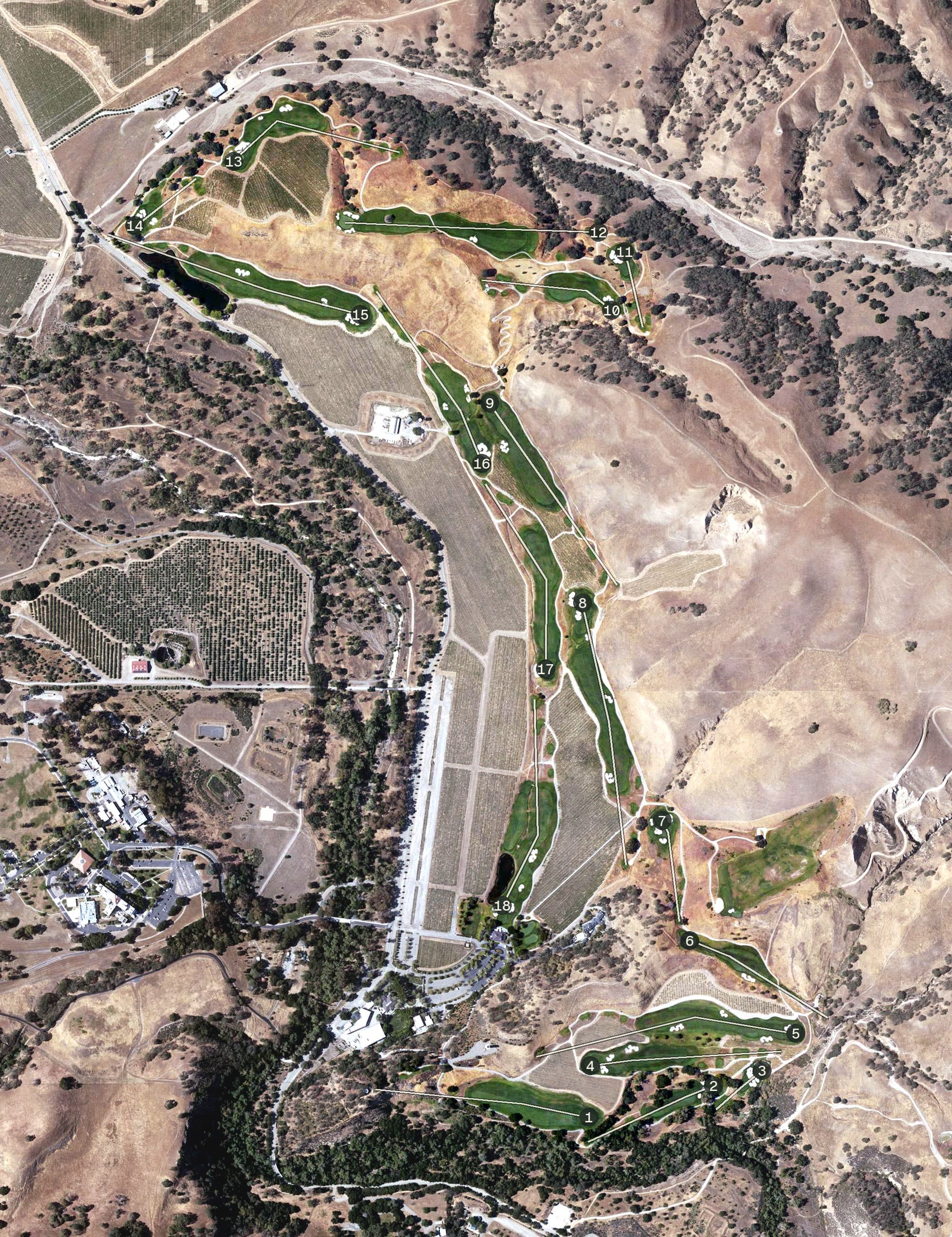 Aerial view of The Course at Wente Vineyards, CA, with its hole routing marked