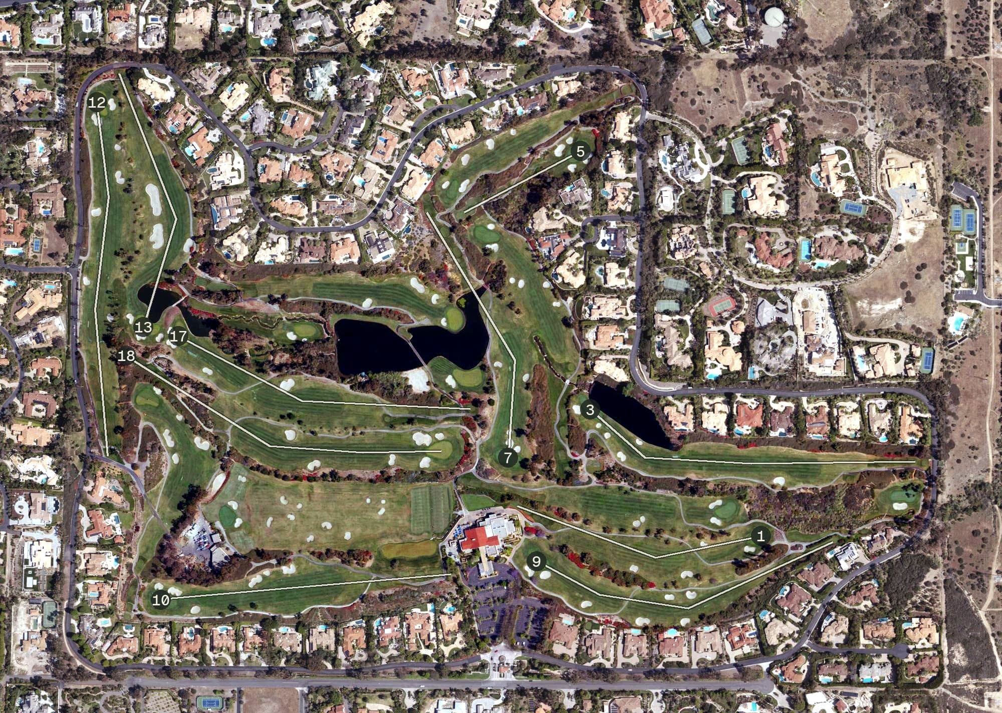 Aerial view of The Farms Golf Club at Rancho Santa Fe, CA, with its hole routing marked