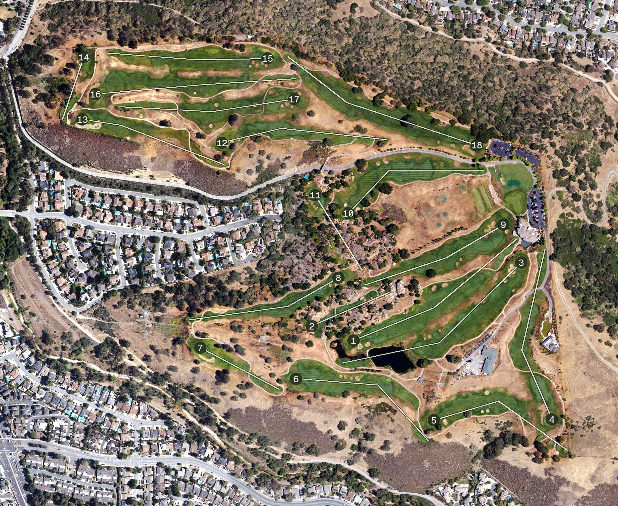 Aerial view of The Golf Club at Boulder Ridge, CA, with its hole routing marked