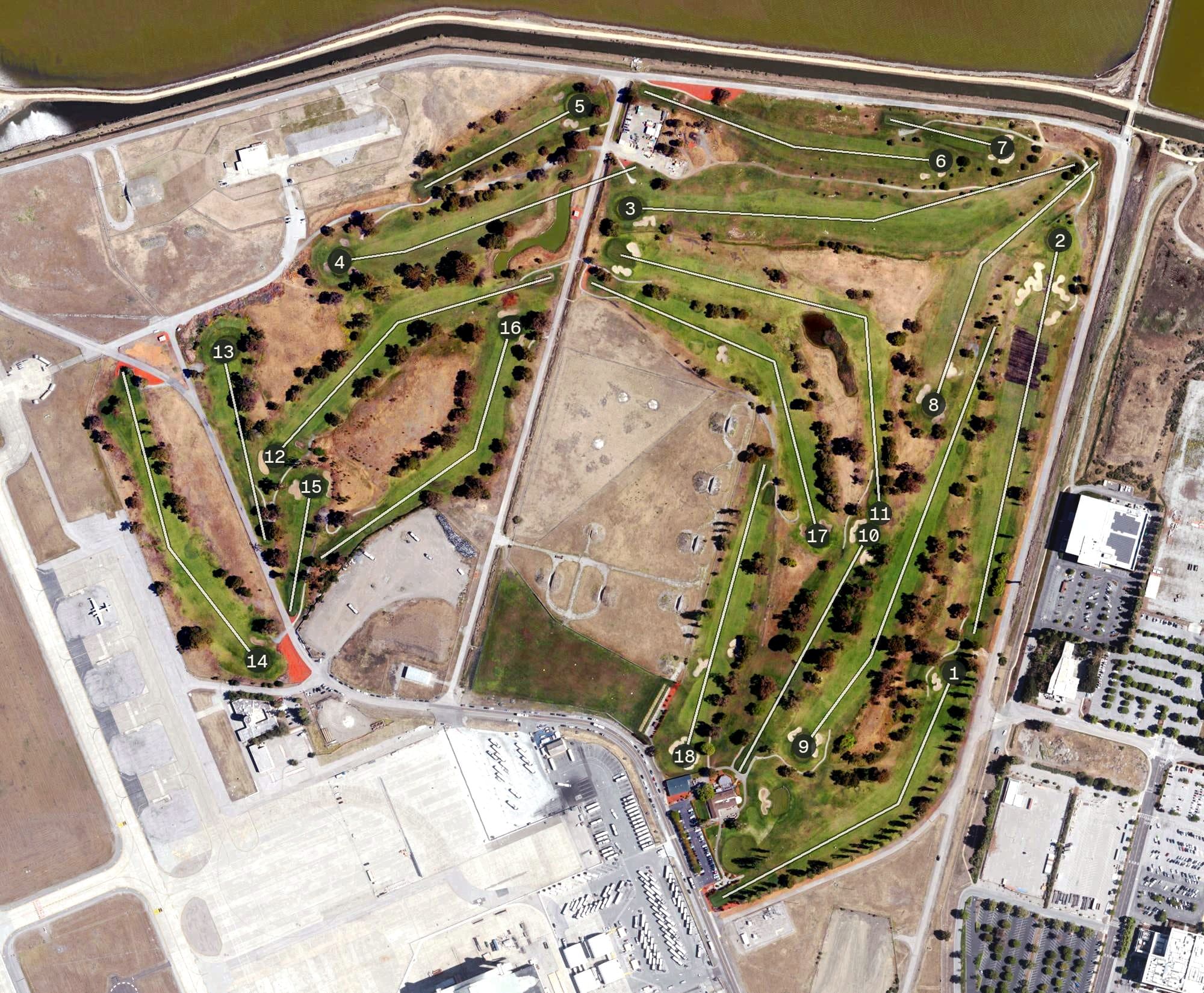 Aerial view of The Golf Club at Moffett Field, CA, with its hole routing marked