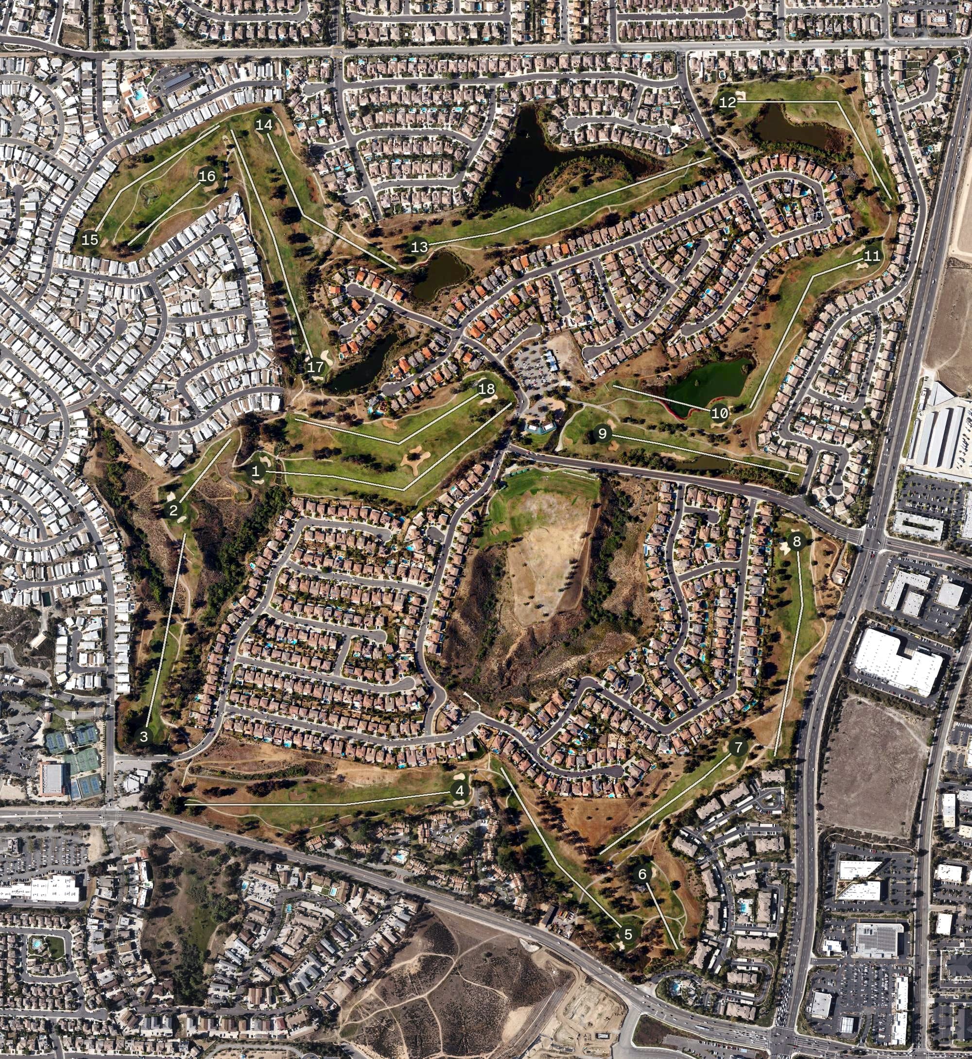 Aerial view of The Golf Club at Rancho California (ex SCGA Golf Club), CA, with its hole routing marked