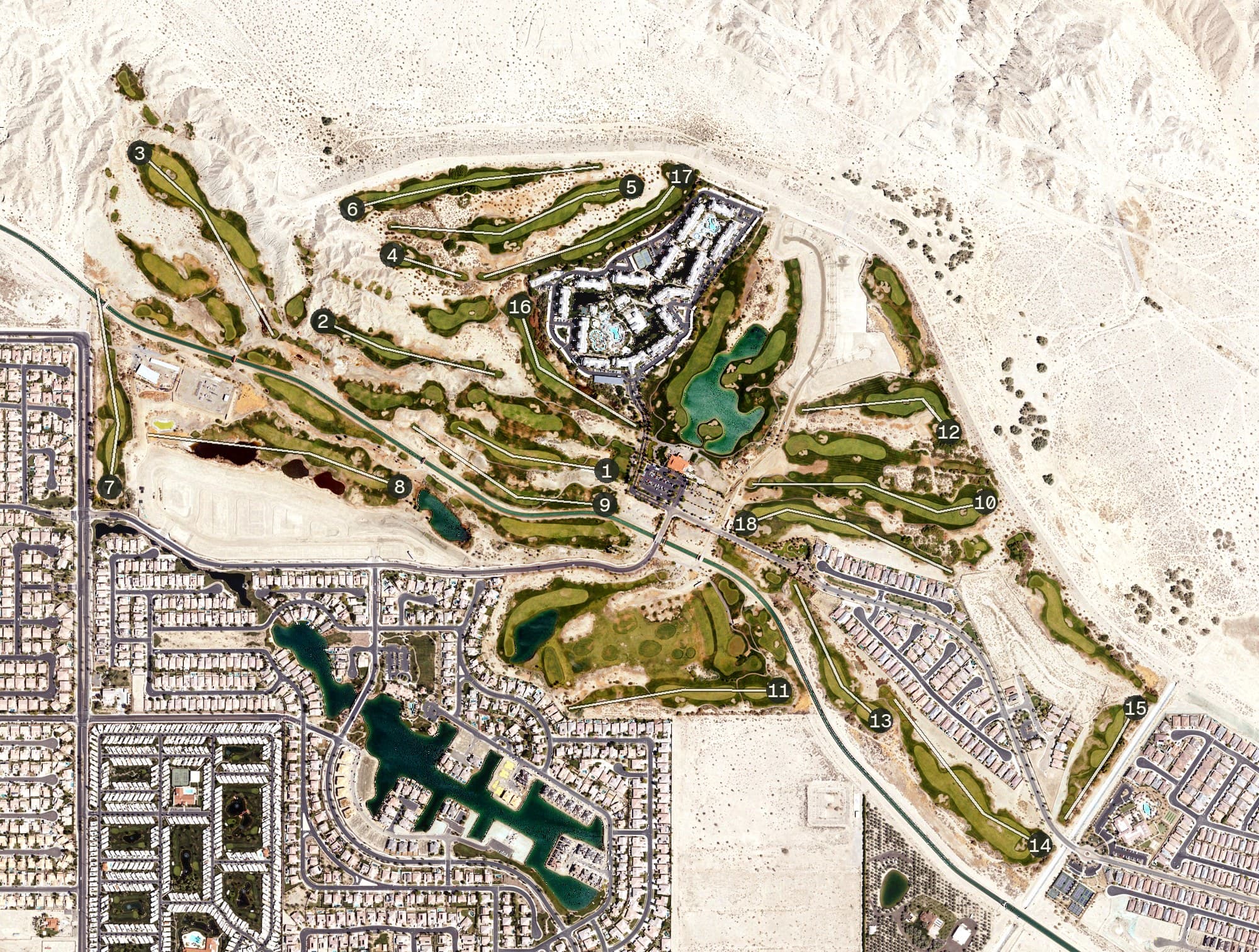 Aerial view of The Golf Club at Terra Lago, CA, with its hole routing marked