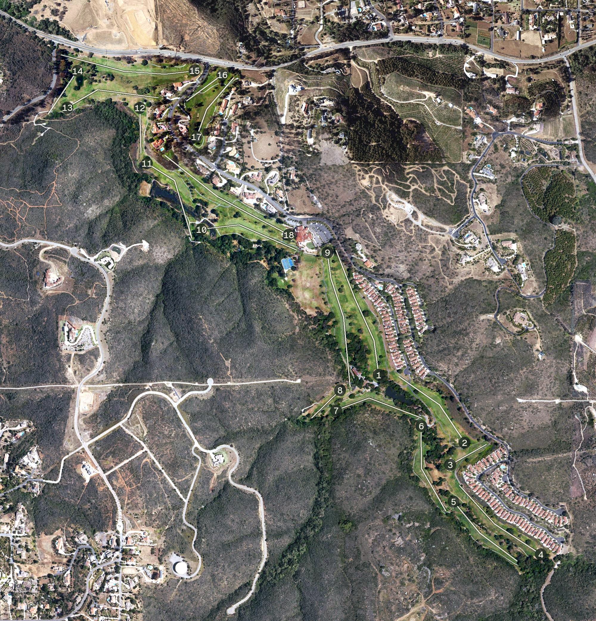 Aerial view of The Havens Country Club, CA, with its hole routing marked