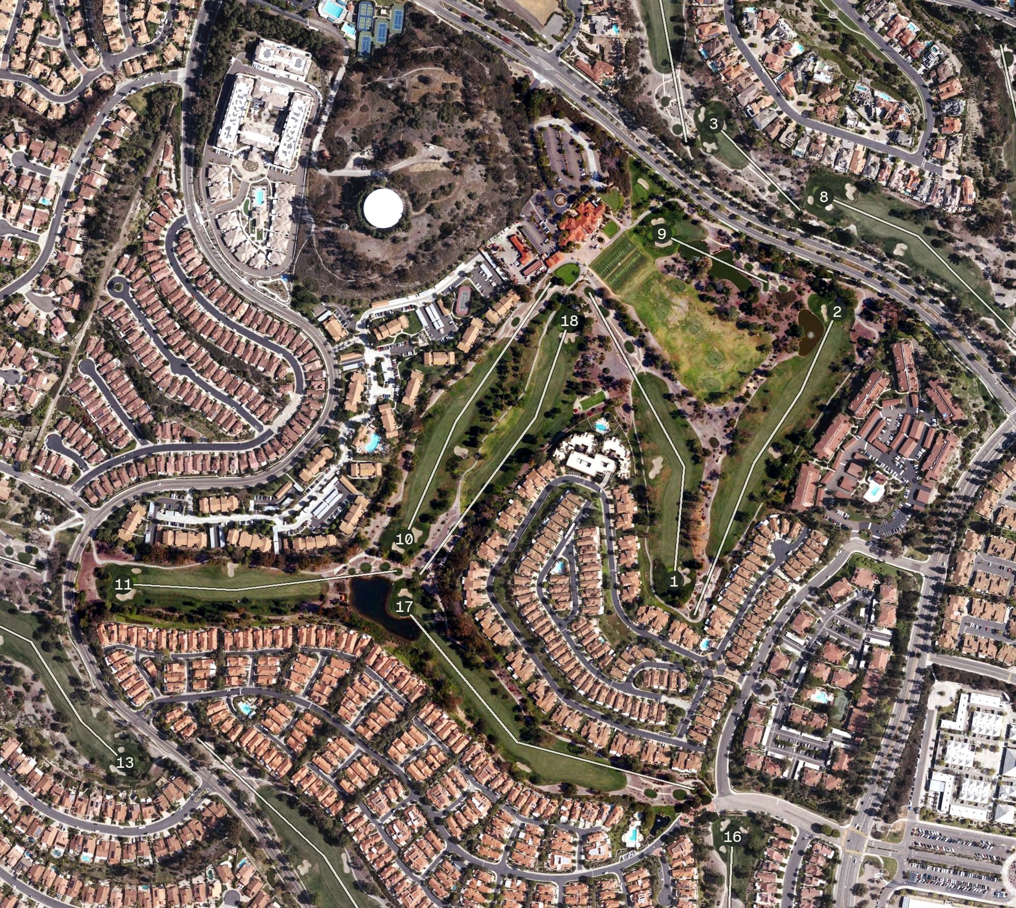 Aerial view of The Heights Country Club, CA, with its hole routing marked