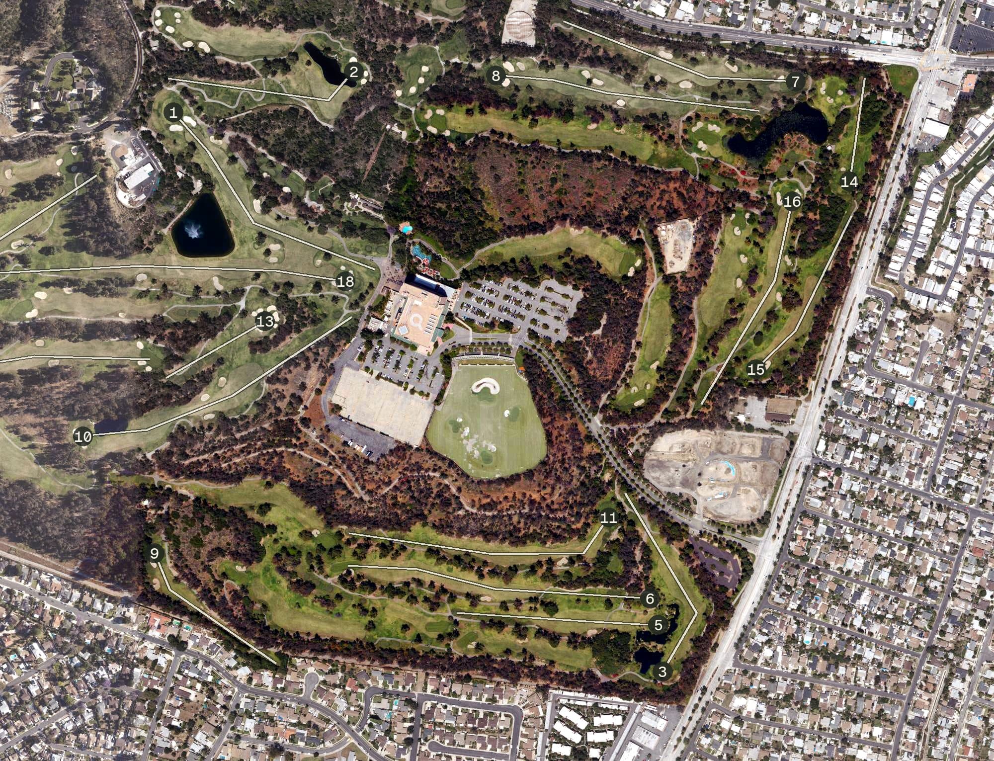 Aerial view of The Industry Hills Golf Club - Babe Zaharias Course, CA, with its hole routing marked