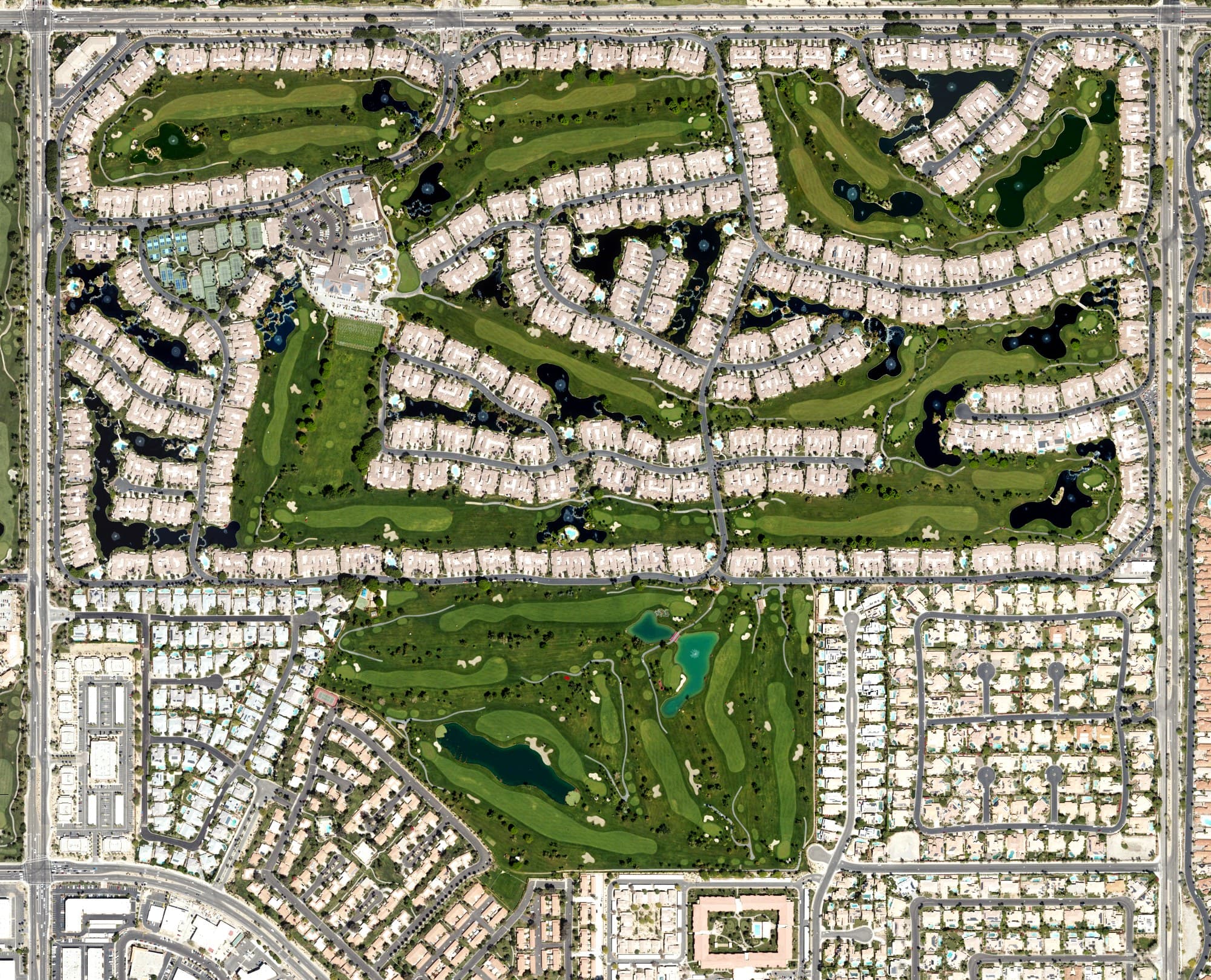 Aerial view of The Lakes Country Club, CA, with its hole routing marked