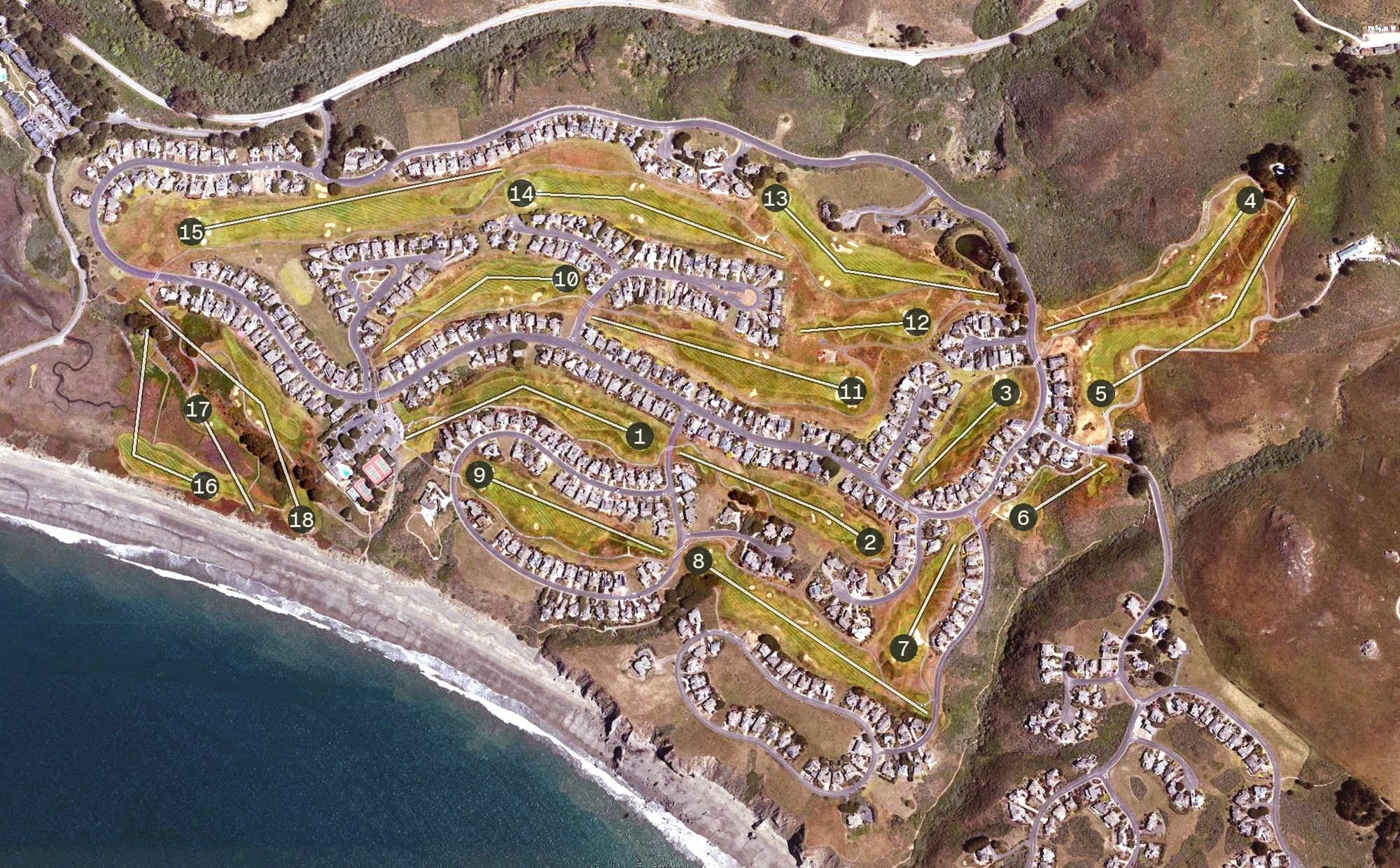 Aerial view of The Links at Bodega Harbour, CA, with its hole routing marked