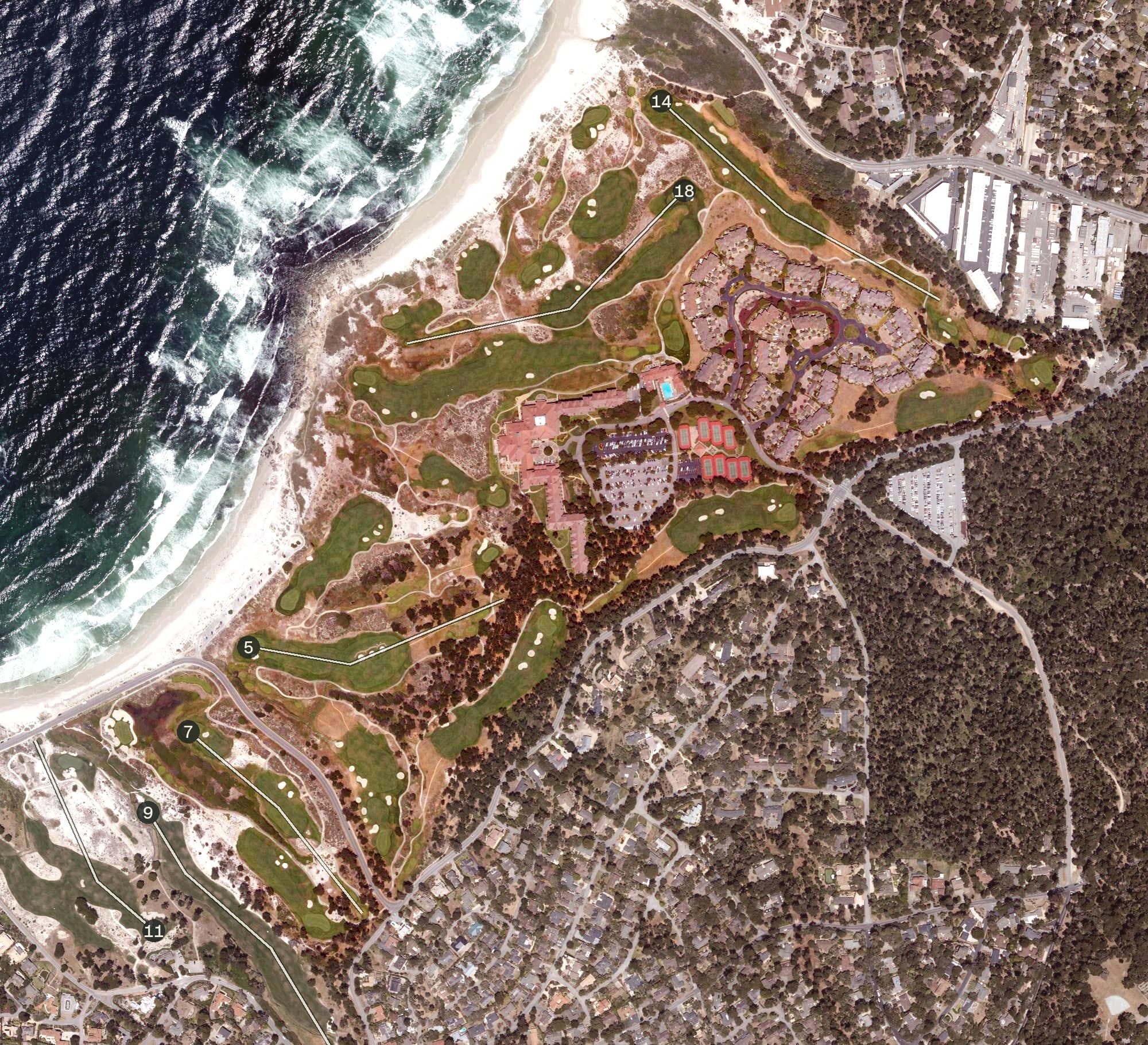 Aerial view of The Links at Spanish Bay, CA, with its hole routing marked