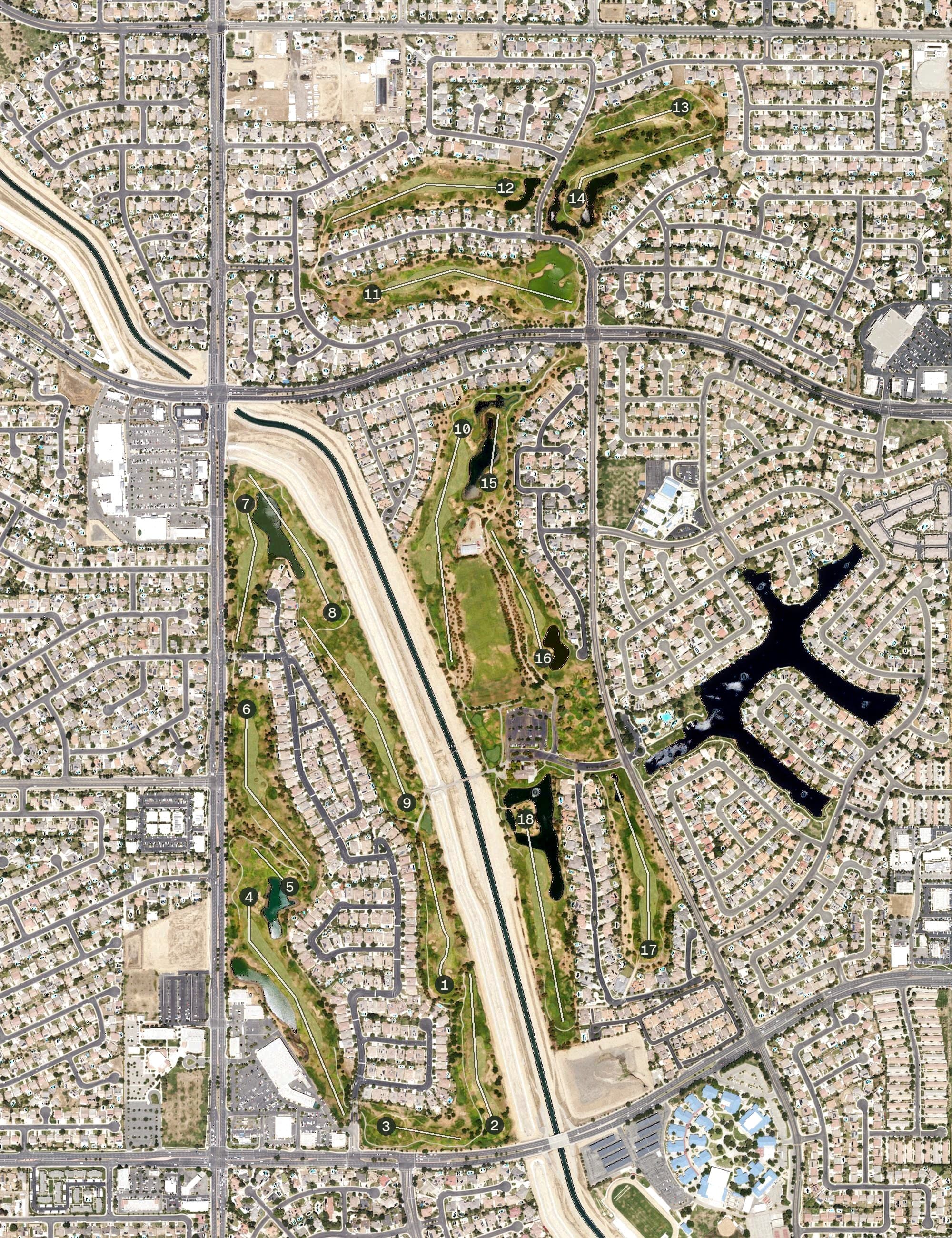 Aerial view of The Links Golf Course, CA, with its hole routing marked