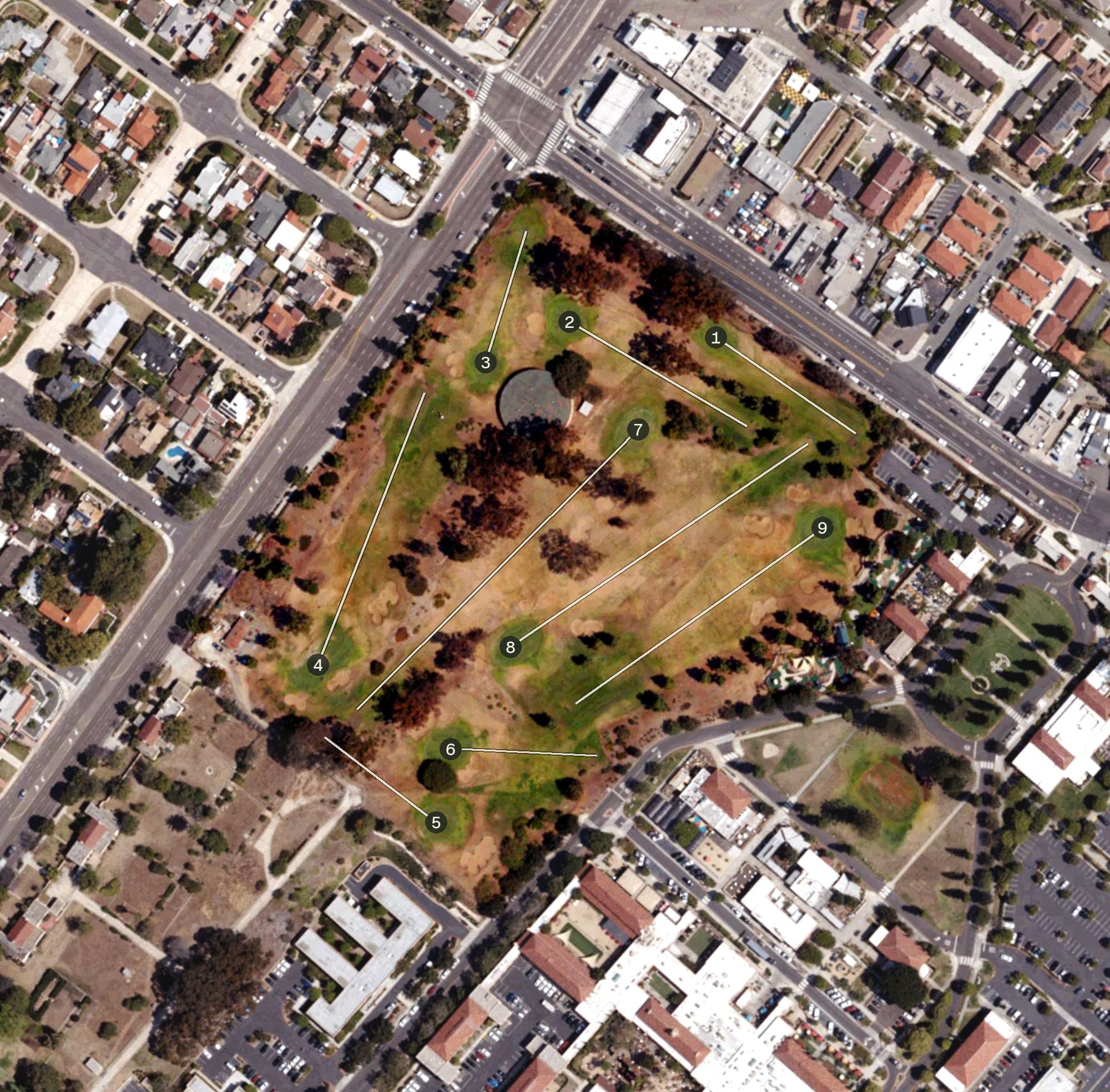 Aerial view of The Loma Club, CA, with its hole routing marked