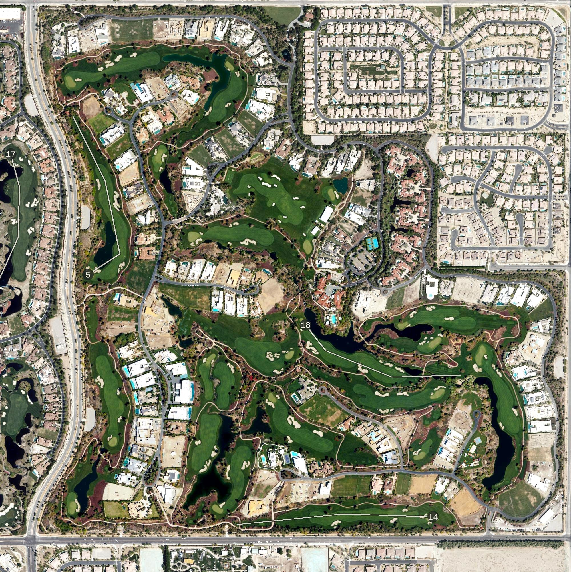Aerial view of The Madison Club, CA, with its hole routing marked