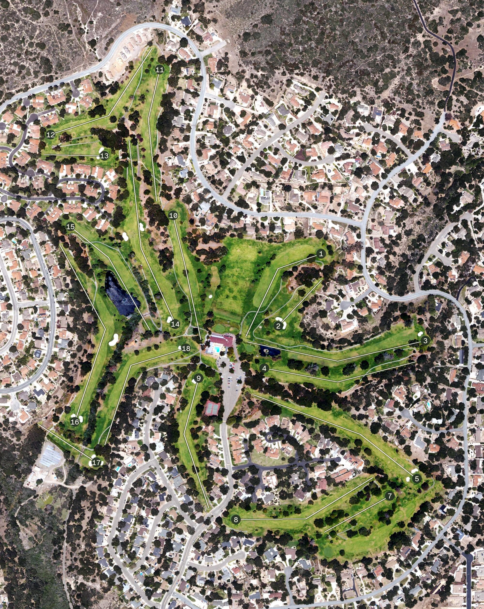 Aerial view of The Mission Club, CA, with its hole routing marked