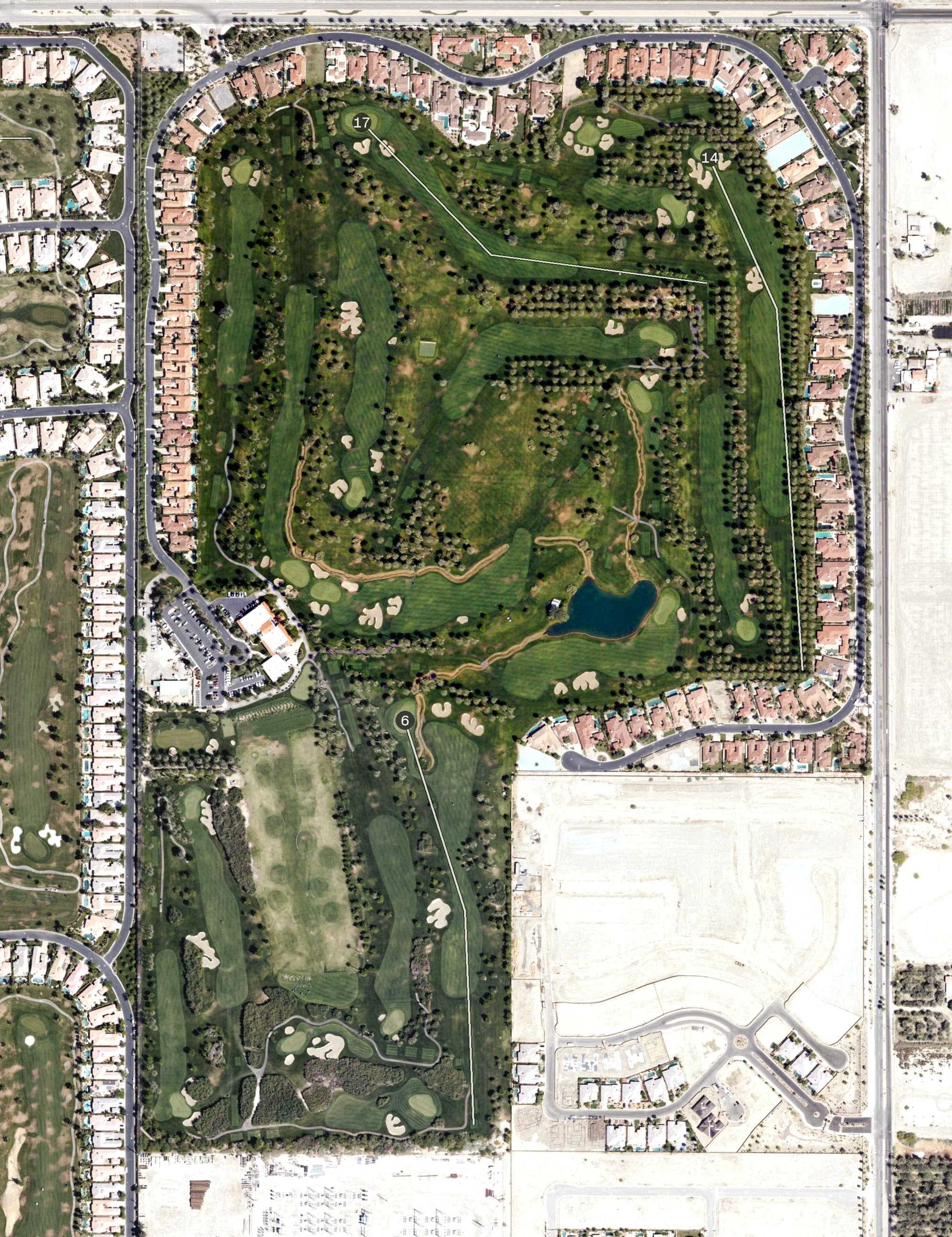 Aerial view of The Palms Golf Club, CA, with its hole routing marked