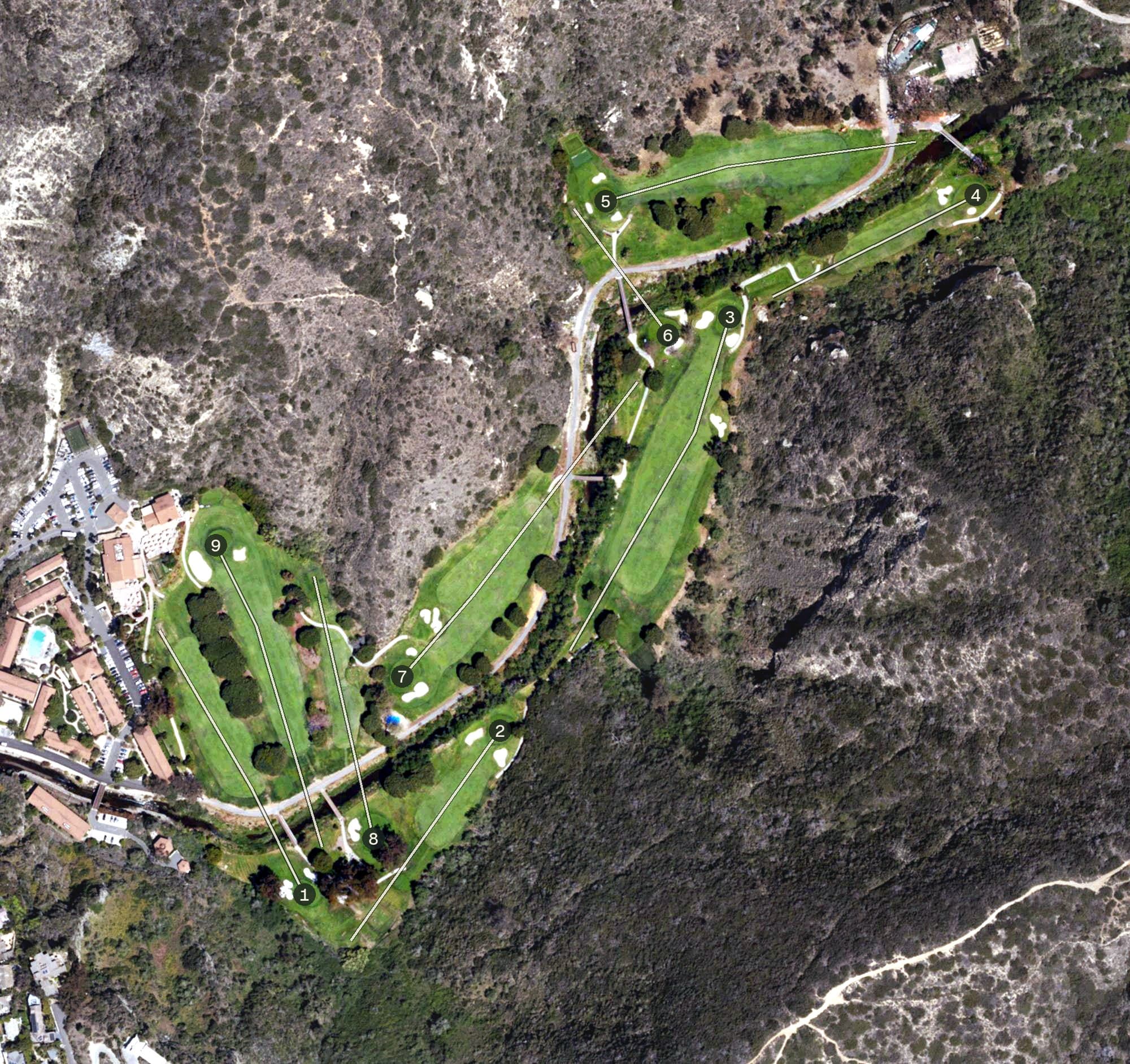 Aerial view of The Ranch at Laguna BeachGolf Course, CA, with its hole routing marked