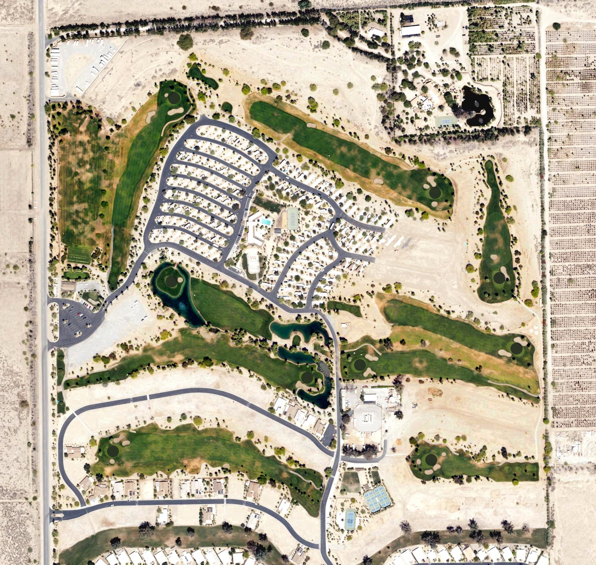 Aerial view of The Springs at Borrego, CA, with its hole routing marked