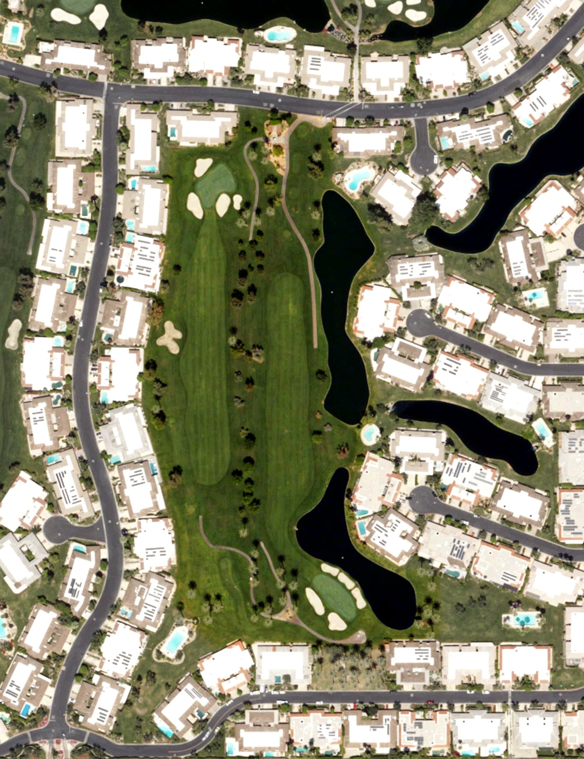 Aerial view of The Springs Country Club, CA, with its hole routing marked