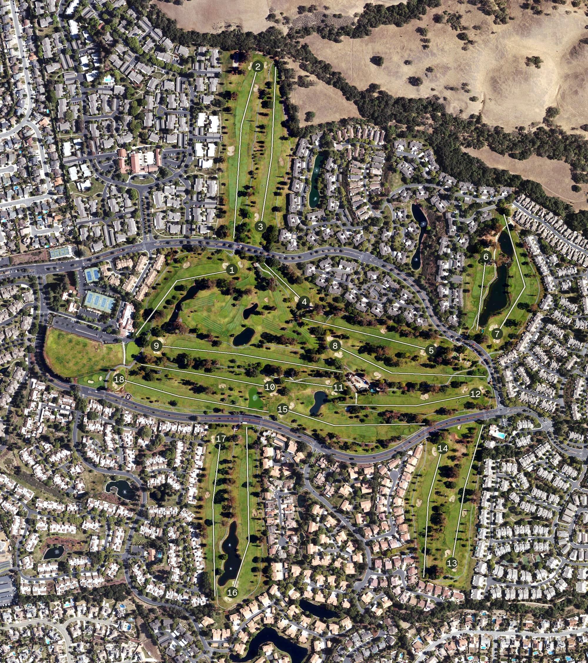 Aerial view of The Villages Golf and Country Club, CA, with its hole routing marked
