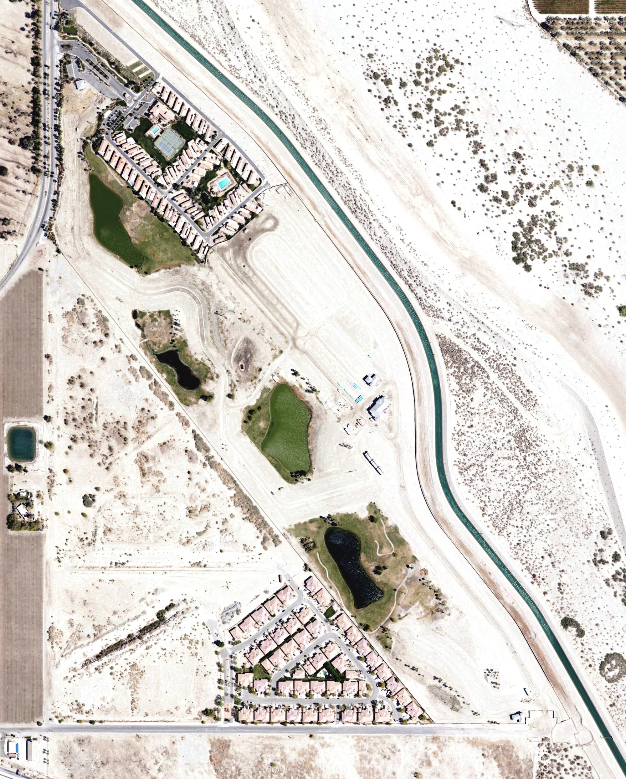 Aerial view of The Vineyards Golf Course, CA, with its hole routing marked