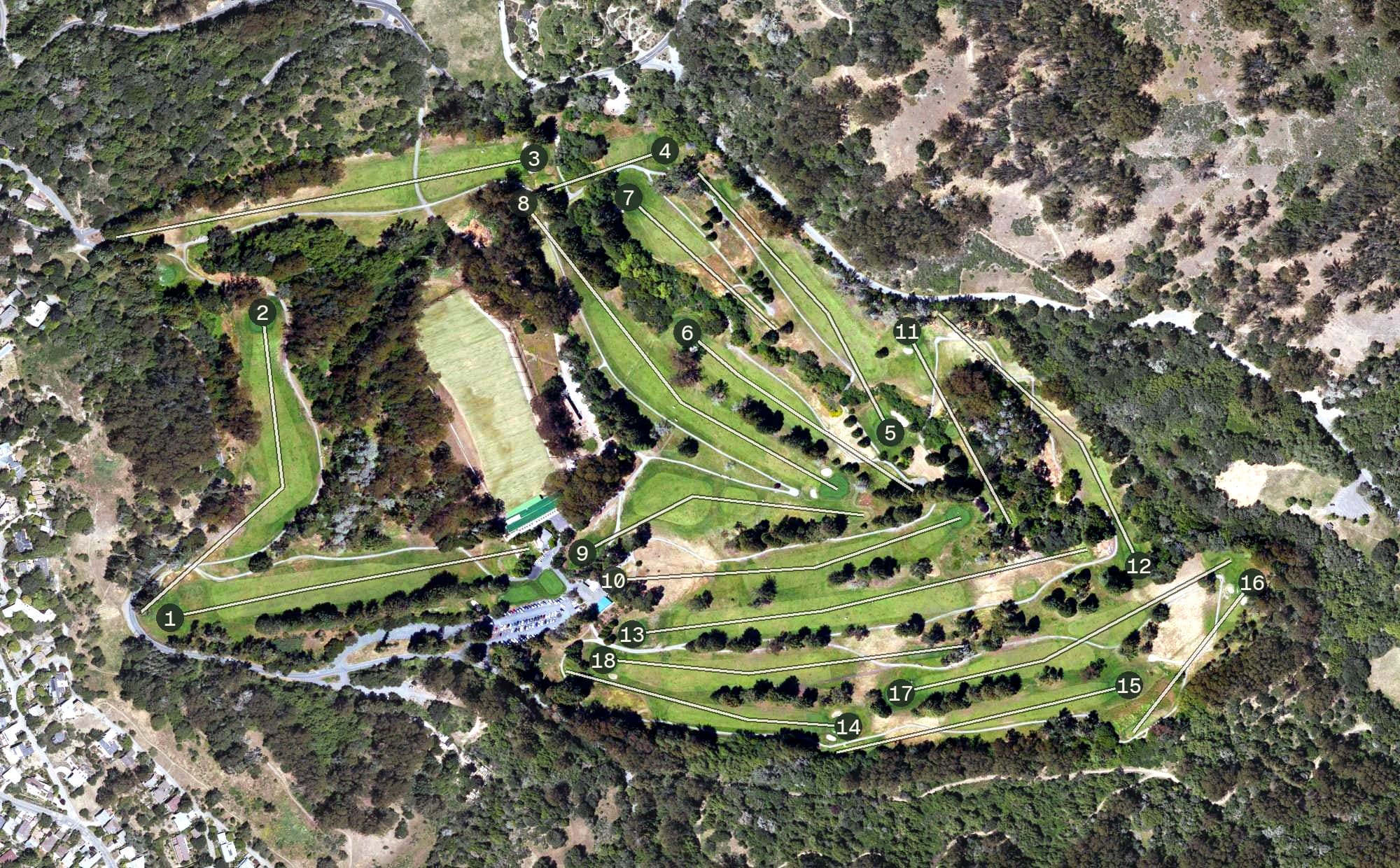 Aerial view of Tilden Park Golf Course, CA, with its hole routing marked