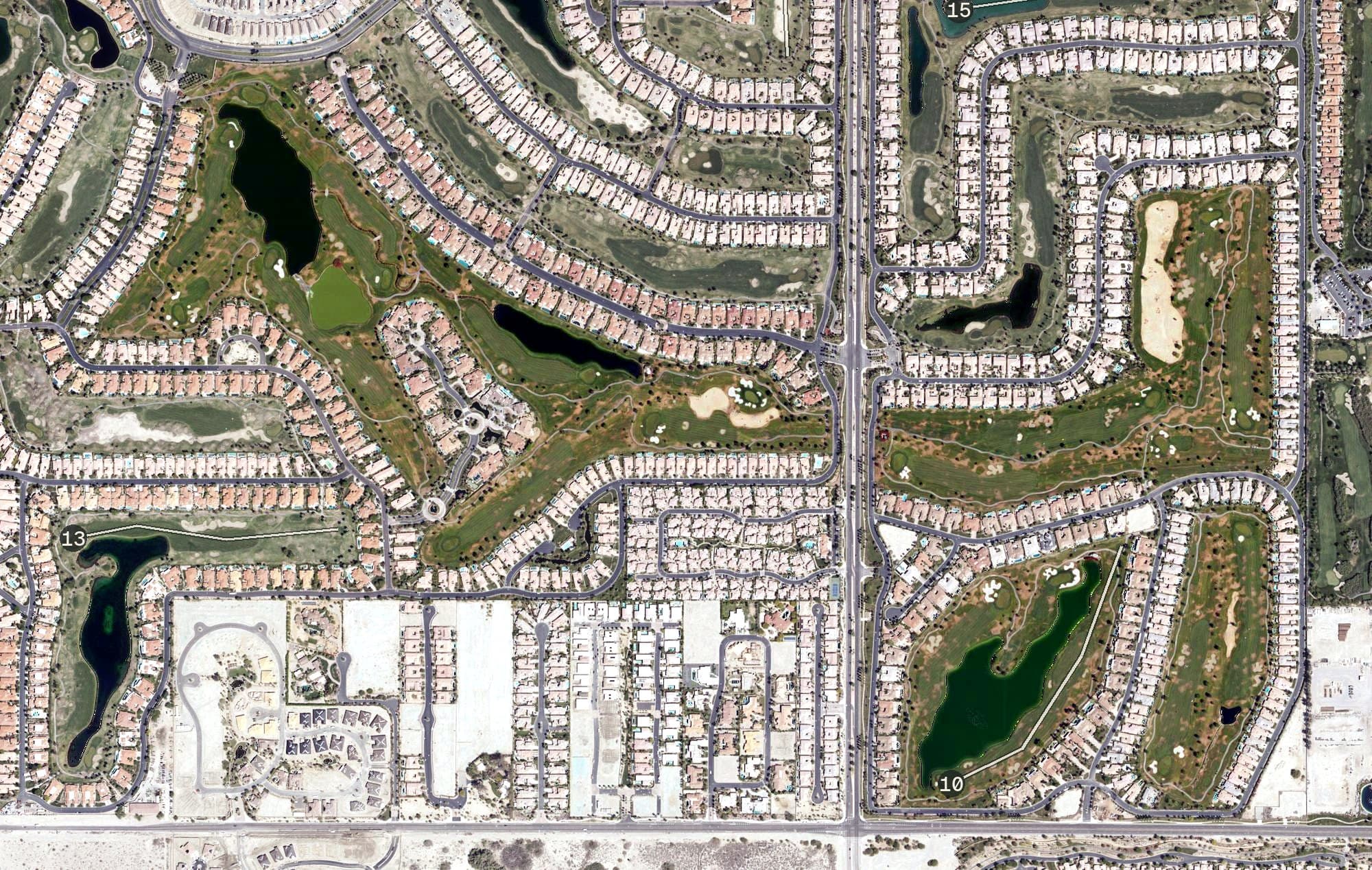Aerial view of Tom Weiskopf Private Course (PGA West), CA, with its hole routing marked