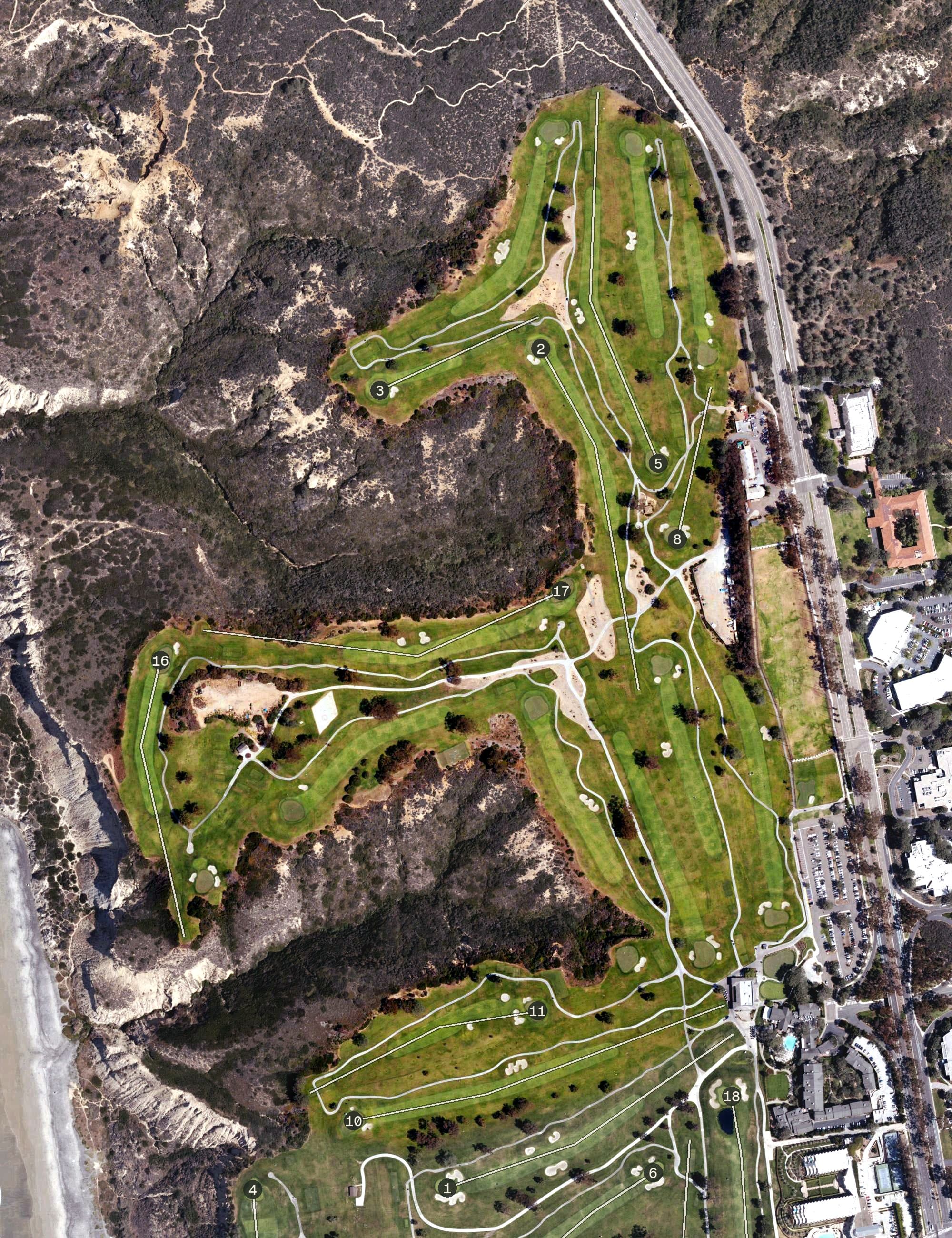 Aerial view of Torrey Pines North Course, CA, with its hole routing marked